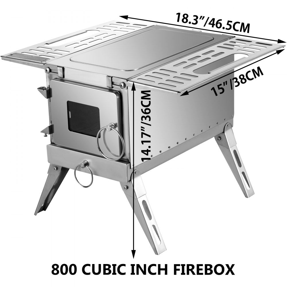 VEVOR Tent Wood Stove 18.3x15x14.17 inch, Camping Wood Stove 304 Stainless Steel With Folding Pipe, Portable Wood Stove 90.6 inch Total Height For Camping, Tent Heating, Hunting, Outdoor Cooking 
