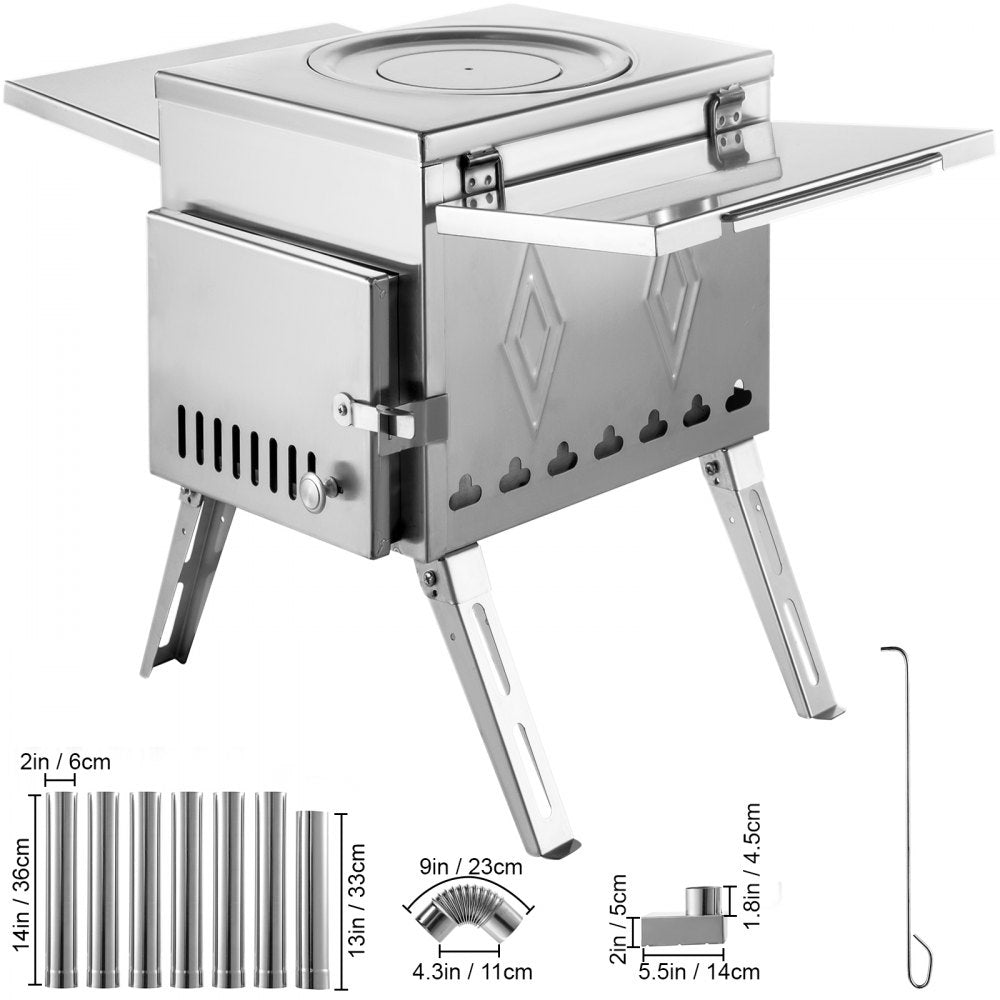 VEVOR Tent Wood Stove 18.1x15x27.2 inch, Camping Wood Stove 304 Stainless Steel With Folding Pipe, Portable Wood Stove 113 inch Total Height For Camping, Tent Heating, Hunting, Outdoor Cooking 