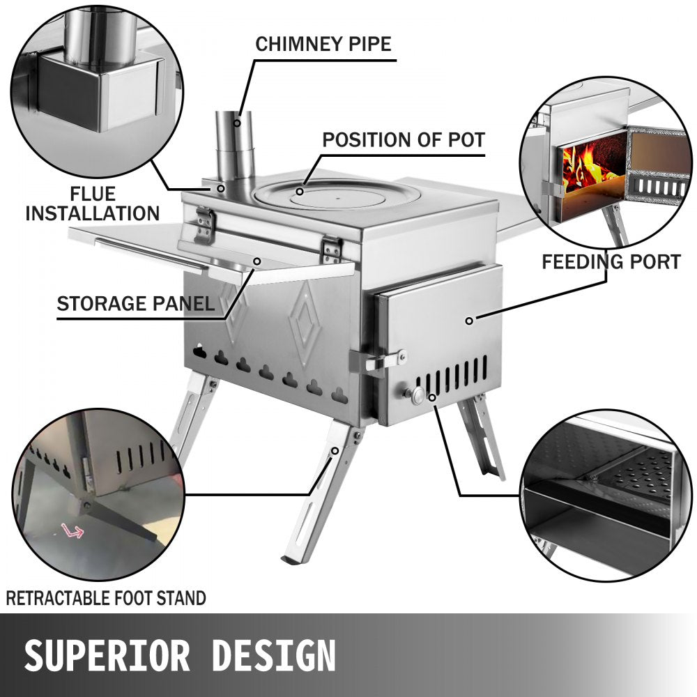 VEVOR Tent Wood Stove 18.1x15x27.2 inch, Camping Wood Stove 304 Stainless Steel With Folding Pipe, Portable Wood Stove 113 inch Total Height For Camping, Tent Heating, Hunting, Outdoor Cooking 