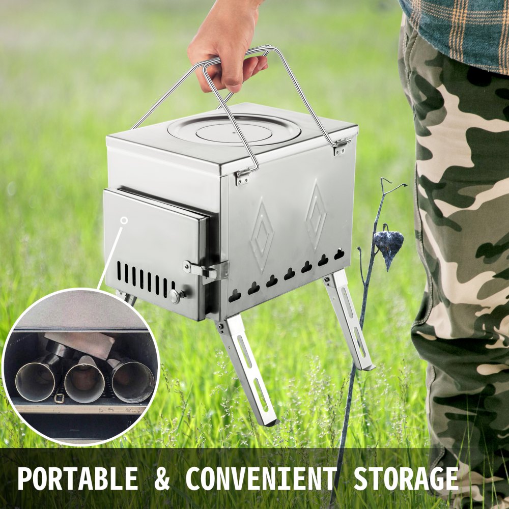 VEVOR Tent Wood Stove 18.1x15x27.2 inch, Camping Wood Stove 304 Stainless Steel With Folding Pipe, Portable Wood Stove 113 inch Total Height For Camping, Tent Heating, Hunting, Outdoor Cooking 