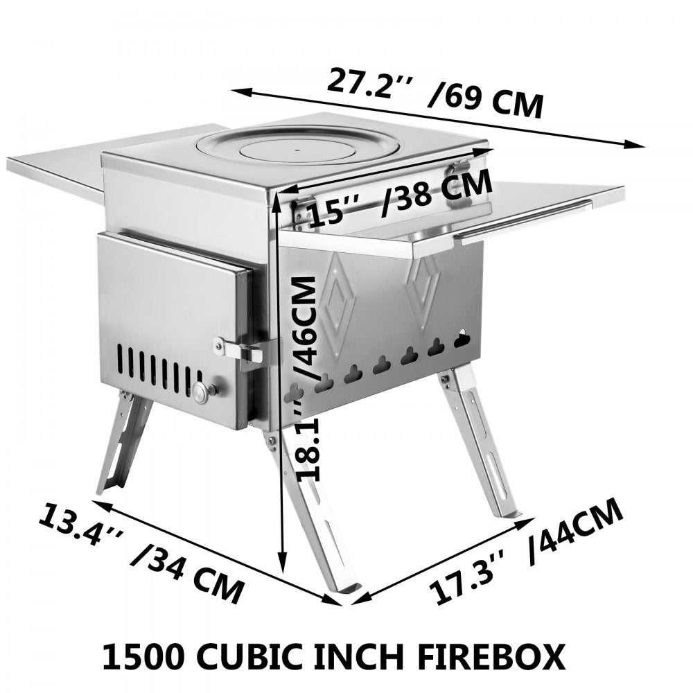 VEVOR Tent Wood Stove 18.1x15x27.2 inch, Camping Wood Stove 304 Stainless Steel With Folding Pipe, Portable Wood Stove 113 inch Total Height For Camping, Tent Heating, Hunting, Outdoor Cooking 