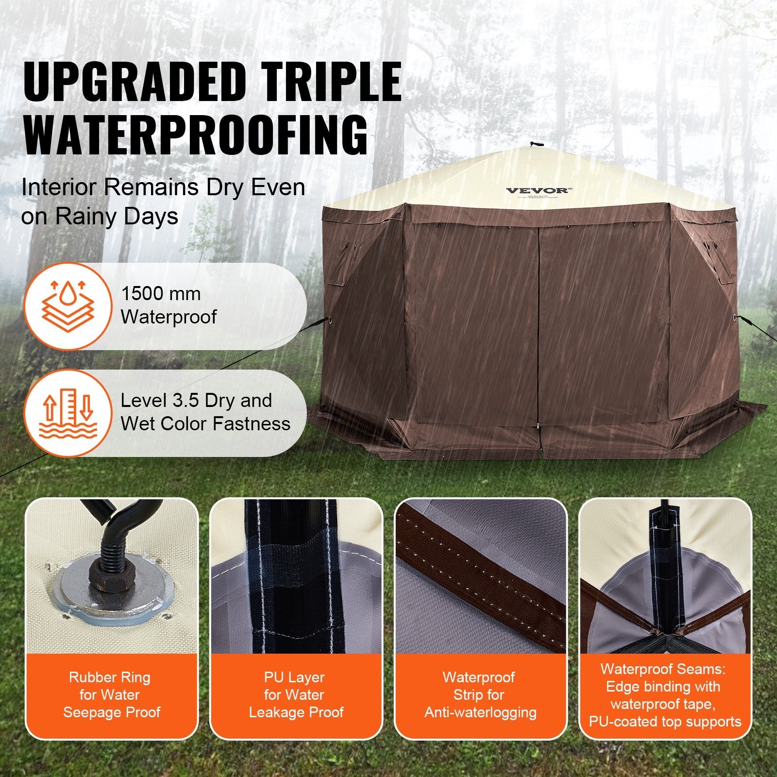 VEVOR Pop Up Gazebo Tent, Pop-Up Screen Tent 6 Sided Canopy Sun Shelter with 6 Removable Privacy Wind Cloths & Mesh Windows, 11.5x11.5FT Quick Set Screen Tent with Mosquito Netting, Brown 