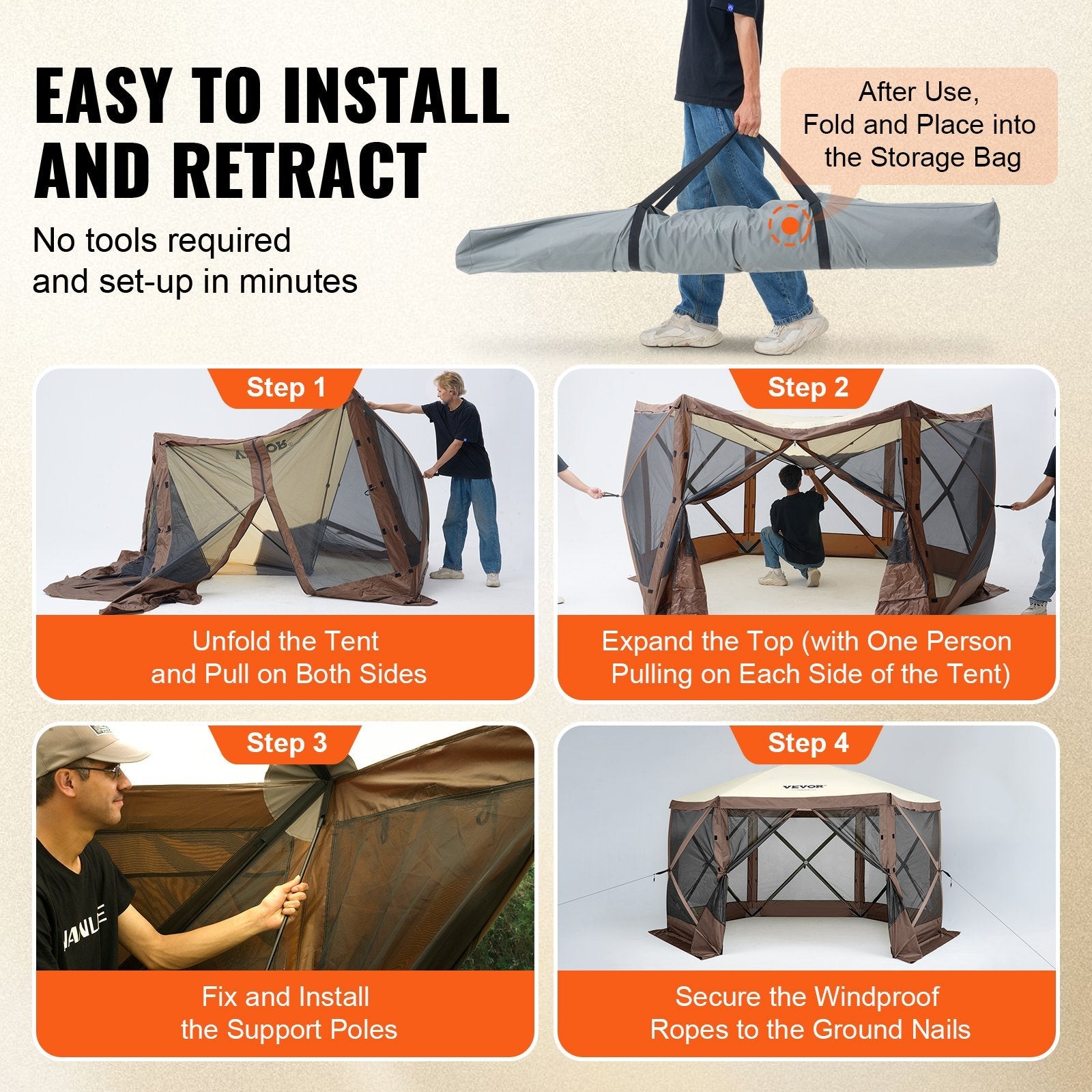 VEVOR Pop Up Gazebo Tent, Pop-Up Screen Tent 6 Sided Canopy Sun Shelter with 6 Removable Privacy Wind Cloths & Mesh Windows, 11.5x11.5FT Quick Set Screen Tent with Mosquito Netting, Brown 