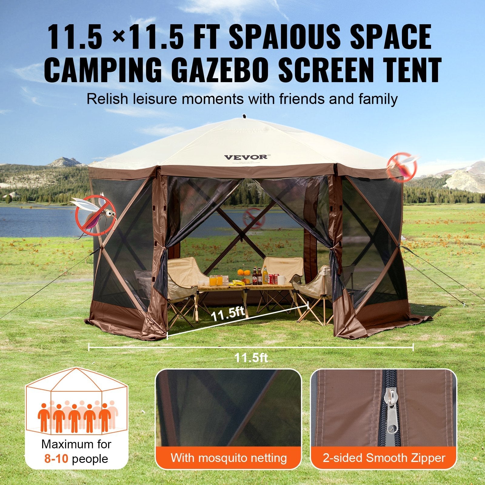 VEVOR Pop Up Gazebo Tent, Pop-Up Screen Tent 6 Sided Canopy Sun Shelter with 6 Removable Privacy Wind Cloths & Mesh Windows, 11.5x11.5FT Quick Set Screen Tent with Mosquito Netting, Brown 