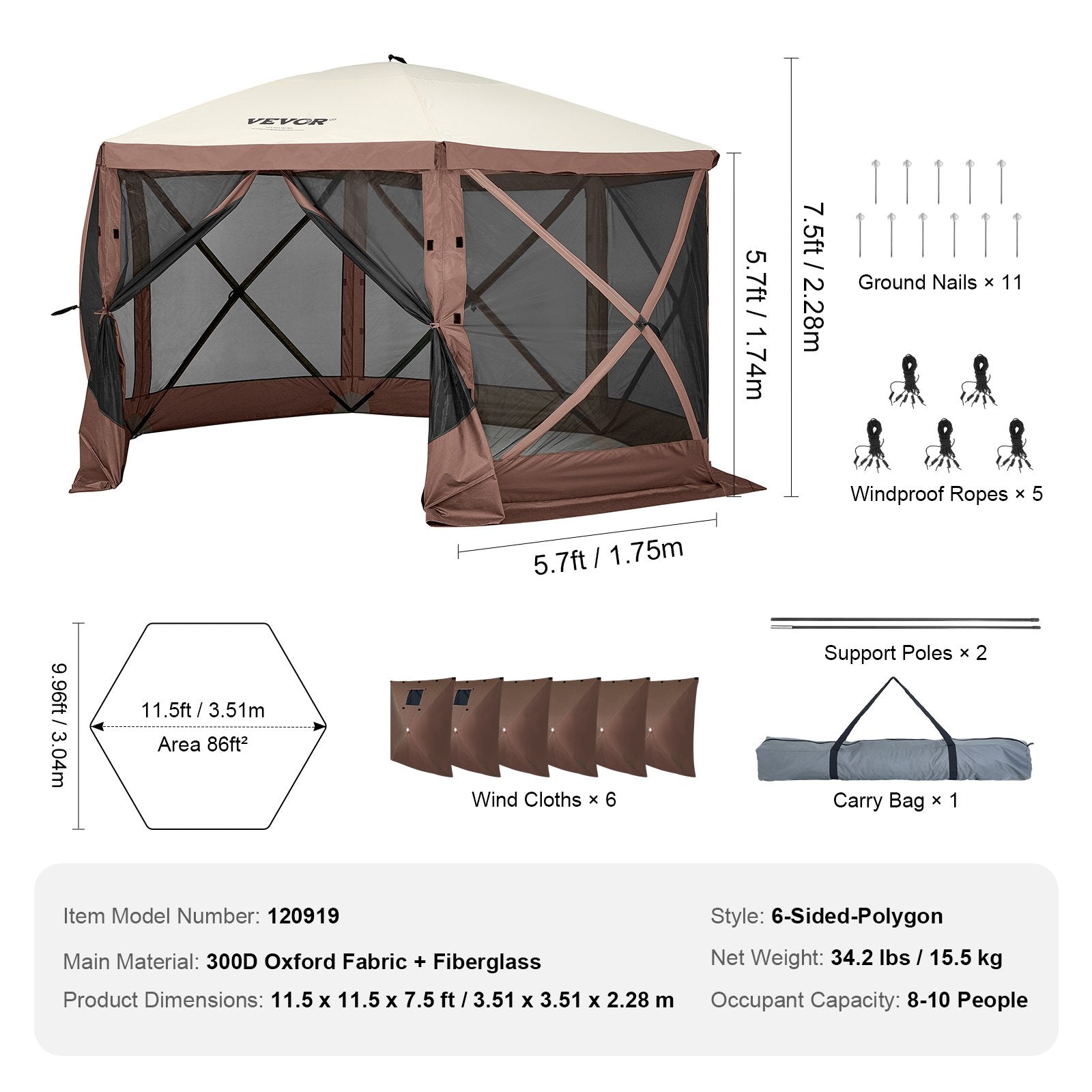 VEVOR Pop Up Gazebo Tent, Pop-Up Screen Tent 6 Sided Canopy Sun Shelter with 6 Removable Privacy Wind Cloths & Mesh Windows, 11.5x11.5FT Quick Set Screen Tent with Mosquito Netting, Brown 
