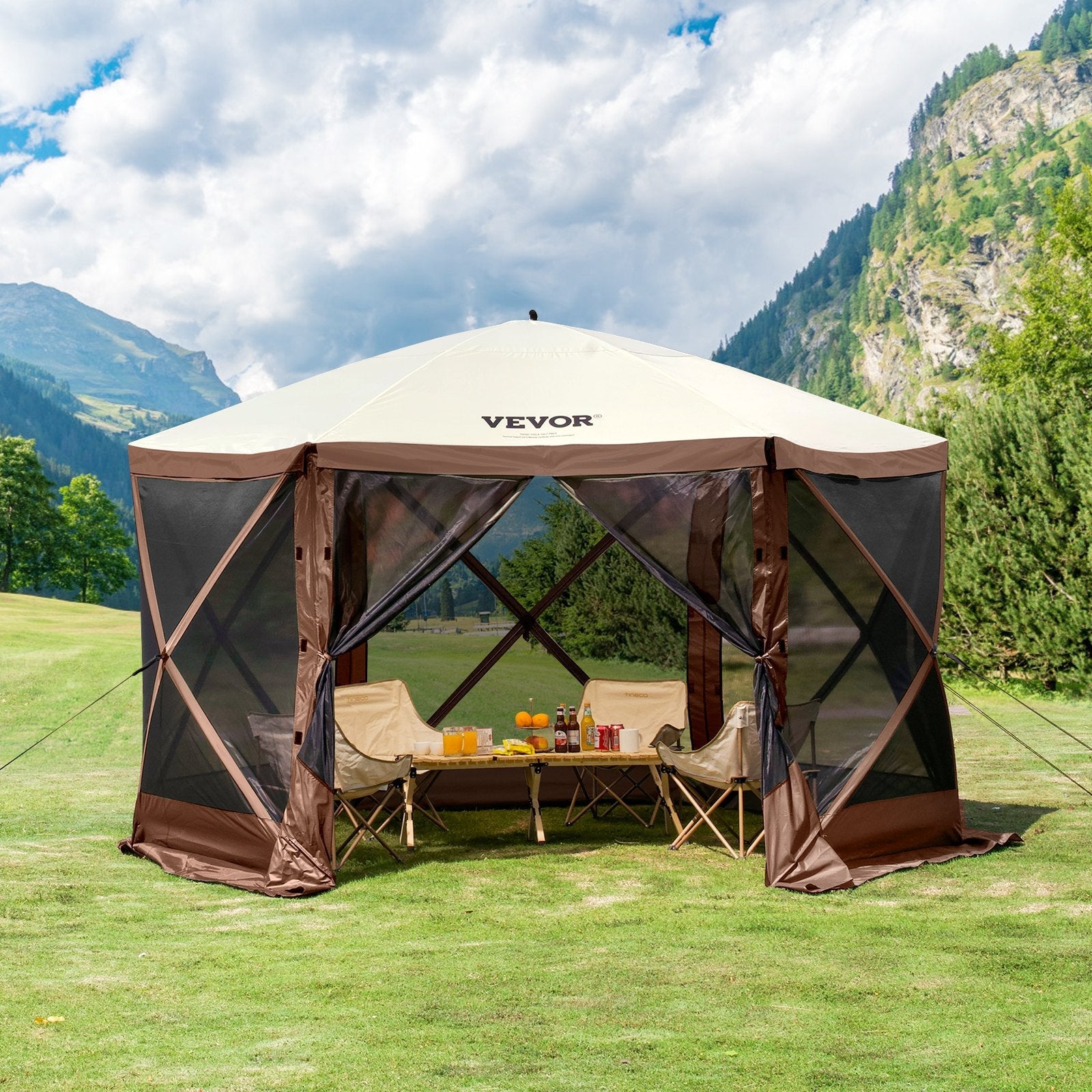 VEVOR Pop Up Gazebo Tent, Pop-Up Screen Tent 6 Sided Canopy Sun Shelter with 6 Removable Privacy Wind Cloths & Mesh Windows, 11.5x11.5FT Quick Set Screen Tent with Mosquito Netting, Brown 