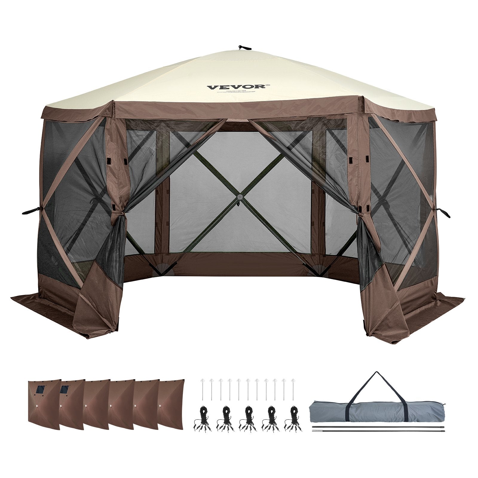 VEVOR Pop Up Gazebo Tent, Pop-Up Screen Tent 6 Sided Canopy Sun Shelter with 6 Removable Privacy Wind Cloths & Mesh Windows, 11.5x11.5FT Quick Set Screen Tent with Mosquito Netting, Brown 