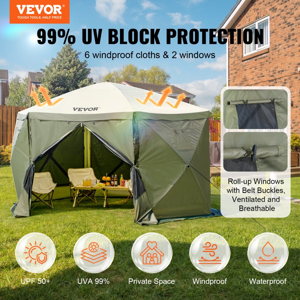 VEVOR Pop Up Gazebo Tent, Pop-Up Screen Tent 6 Sided Canopy Sun Shelter with 6 Removable Privacy Wind Cloths & Mesh Windows, 12x12FT Quick Set Screen Tent with Mosquito Netting, Army Green 
