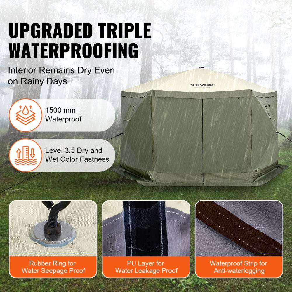 VEVOR Pop Up Gazebo Tent, Pop-Up Screen Tent 6 Sided Canopy Sun Shelter with 6 Removable Privacy Wind Cloths & Mesh Windows, 12x12FT Quick Set Screen Tent with Mosquito Netting, Army Green 
