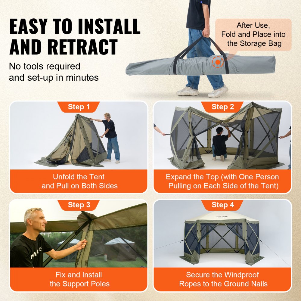 VEVOR Pop Up Gazebo Tent, Pop-Up Screen Tent 6 Sided Canopy Sun Shelter with 6 Removable Privacy Wind Cloths & Mesh Windows, 12x12FT Quick Set Screen Tent with Mosquito Netting, Army Green 