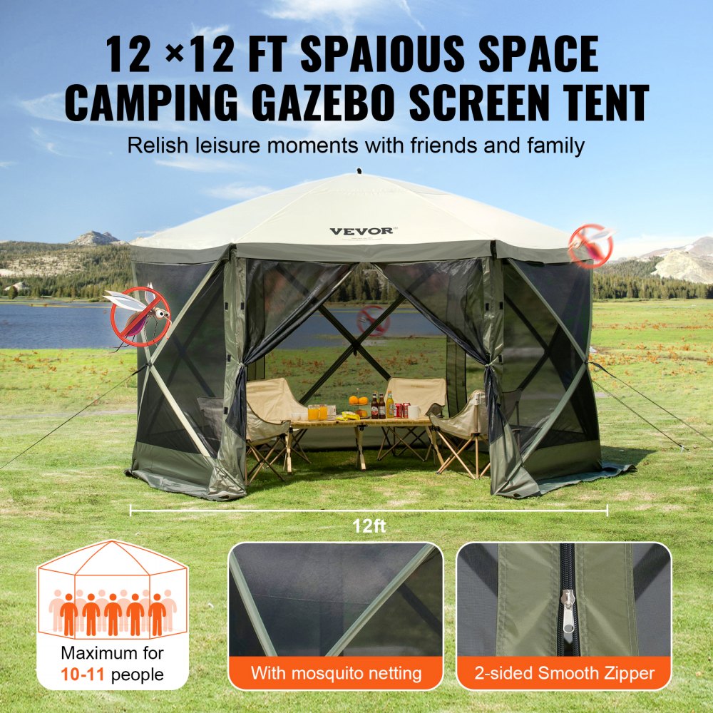VEVOR Pop Up Gazebo Tent, Pop-Up Screen Tent 6 Sided Canopy Sun Shelter with 6 Removable Privacy Wind Cloths & Mesh Windows, 12x12FT Quick Set Screen Tent with Mosquito Netting, Army Green 