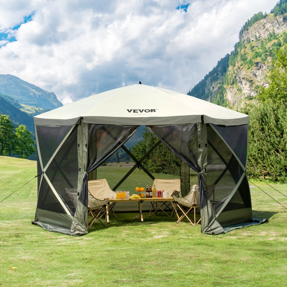 VEVOR Pop Up Gazebo Tent, Pop-Up Screen Tent 6 Sided Canopy Sun Shelter with 6 Removable Privacy Wind Cloths & Mesh Windows, 12x12FT Quick Set Screen Tent with Mosquito Netting, Army Green 