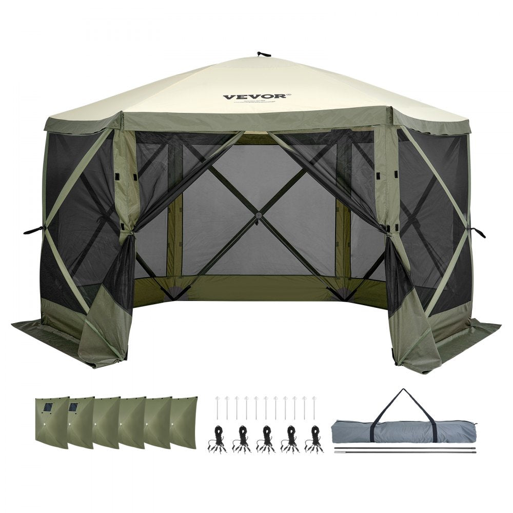 VEVOR Pop Up Gazebo Tent, Pop-Up Screen Tent 6 Sided Canopy Sun Shelter with 6 Removable Privacy Wind Cloths & Mesh Windows, 12x12FT Quick Set Screen Tent with Mosquito Netting, Army Green 