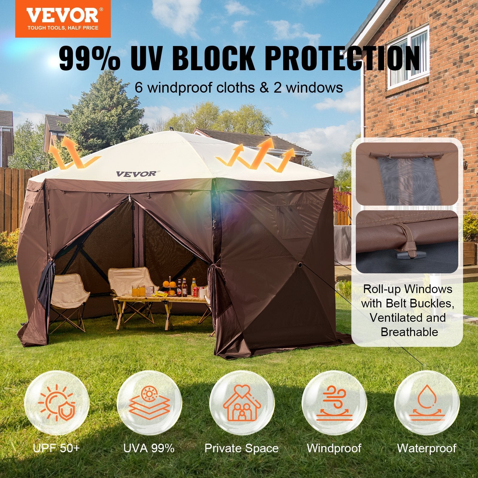 VEVOR Pop Up Gazebo Tent, Pop-Up Screen Tent 6 Sided Canopy Sun Shelter with 6 Removable Privacy Wind Cloths & Mesh Windows, 12.5x12.5FT Quick Set Screen Tent with Mosquito Netting, Brown 