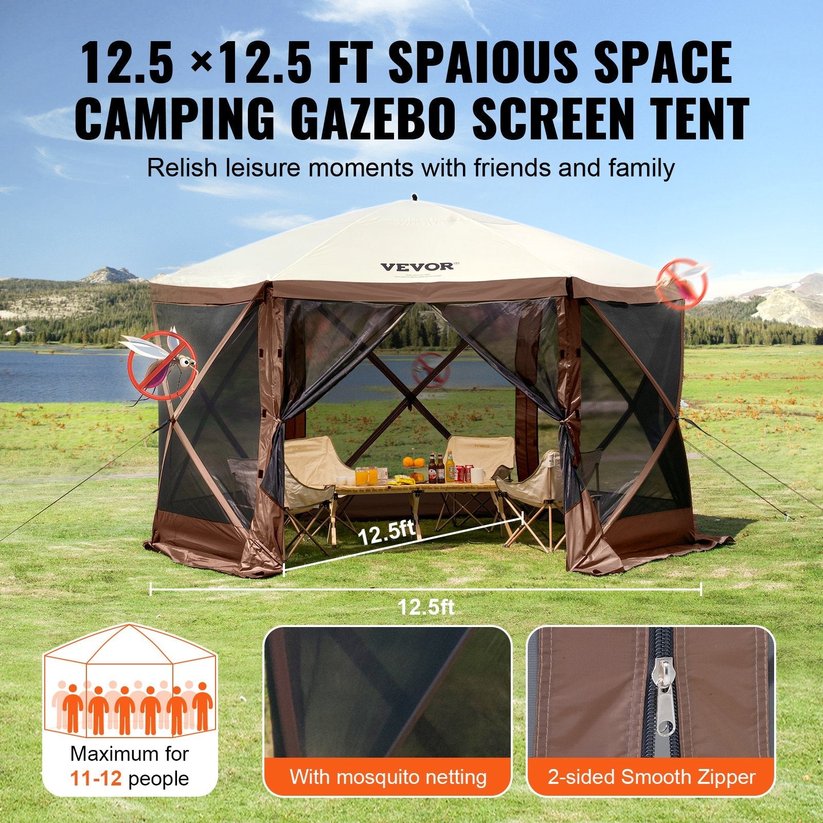 VEVOR Pop Up Gazebo Tent, Pop-Up Screen Tent 6 Sided Canopy Sun Shelter with 6 Removable Privacy Wind Cloths & Mesh Windows, 12.5x12.5FT Quick Set Screen Tent with Mosquito Netting, Brown 