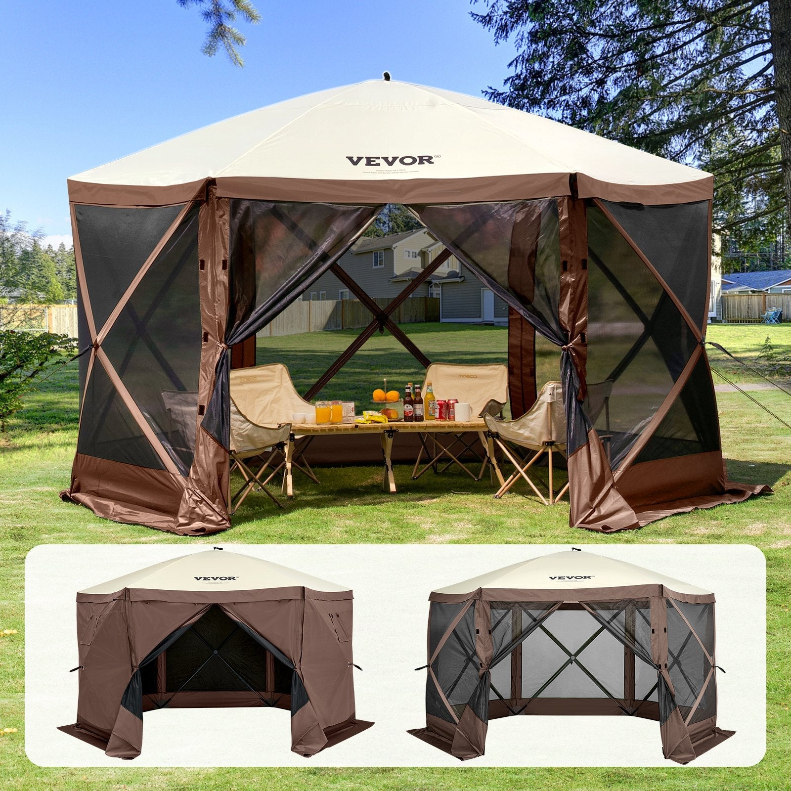 VEVOR Pop Up Gazebo Tent, Pop-Up Screen Tent 6 Sided Canopy Sun Shelter with 6 Removable Privacy Wind Cloths & Mesh Windows, 12.5x12.5FT Quick Set Screen Tent with Mosquito Netting, Brown 