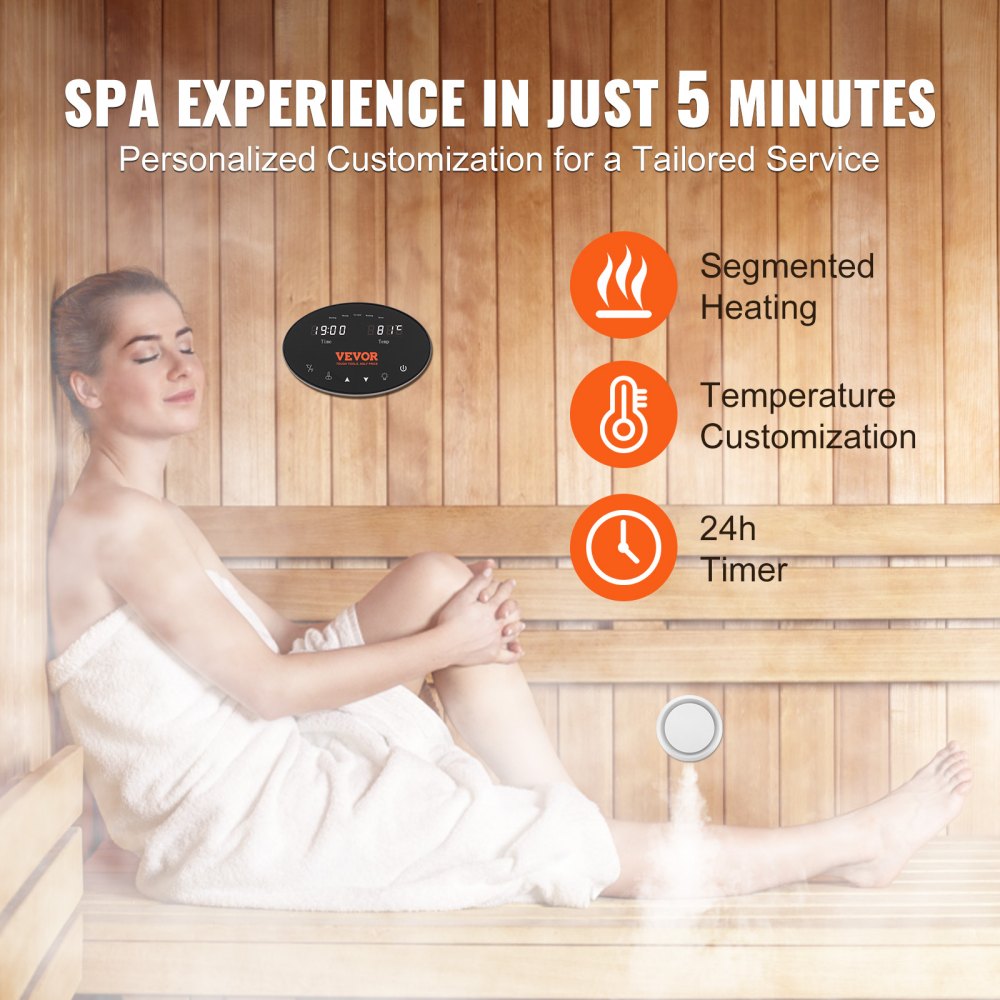 VEVOR Steam Shower Generator, 10.5 kW, Segmented Heating & Temperature Customization & 24h Timer Steam Bath Kit, Automatic Drainage Luxury Home Steam Shower System, Acrylic Room Max. 355 Cu. Ft. 
