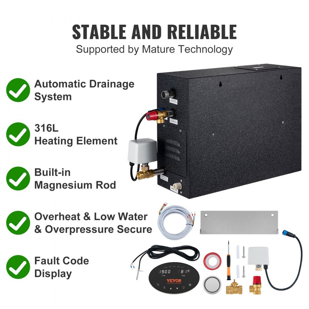 VEVOR Steam Shower Generator, 10.5 kW, Segmented Heating & Temperature Customization & 24h Timer Steam Bath Kit, Automatic Drainage Luxury Home Steam Shower System, Acrylic Room Max. 355 Cu. Ft. 