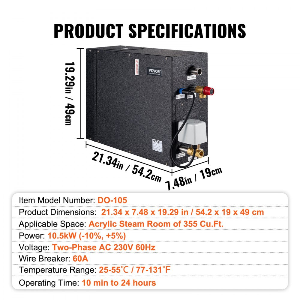 VEVOR Steam Shower Generator, 10.5 kW, Segmented Heating & Temperature Customization & 24h Timer Steam Bath Kit, Automatic Drainage Luxury Home Steam Shower System, Acrylic Room Max. 355 Cu. Ft. 