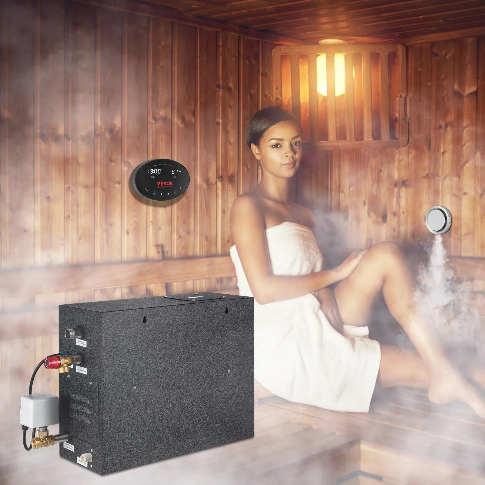 VEVOR Steam Shower Generator, 15 kW, Segmented Heating & Temperature Customization & 24h Timer Steam Bath Kit, Automatic Drainage Luxury Home Steam Shower System, Acrylic Room Max. 530 Cu. Ft.