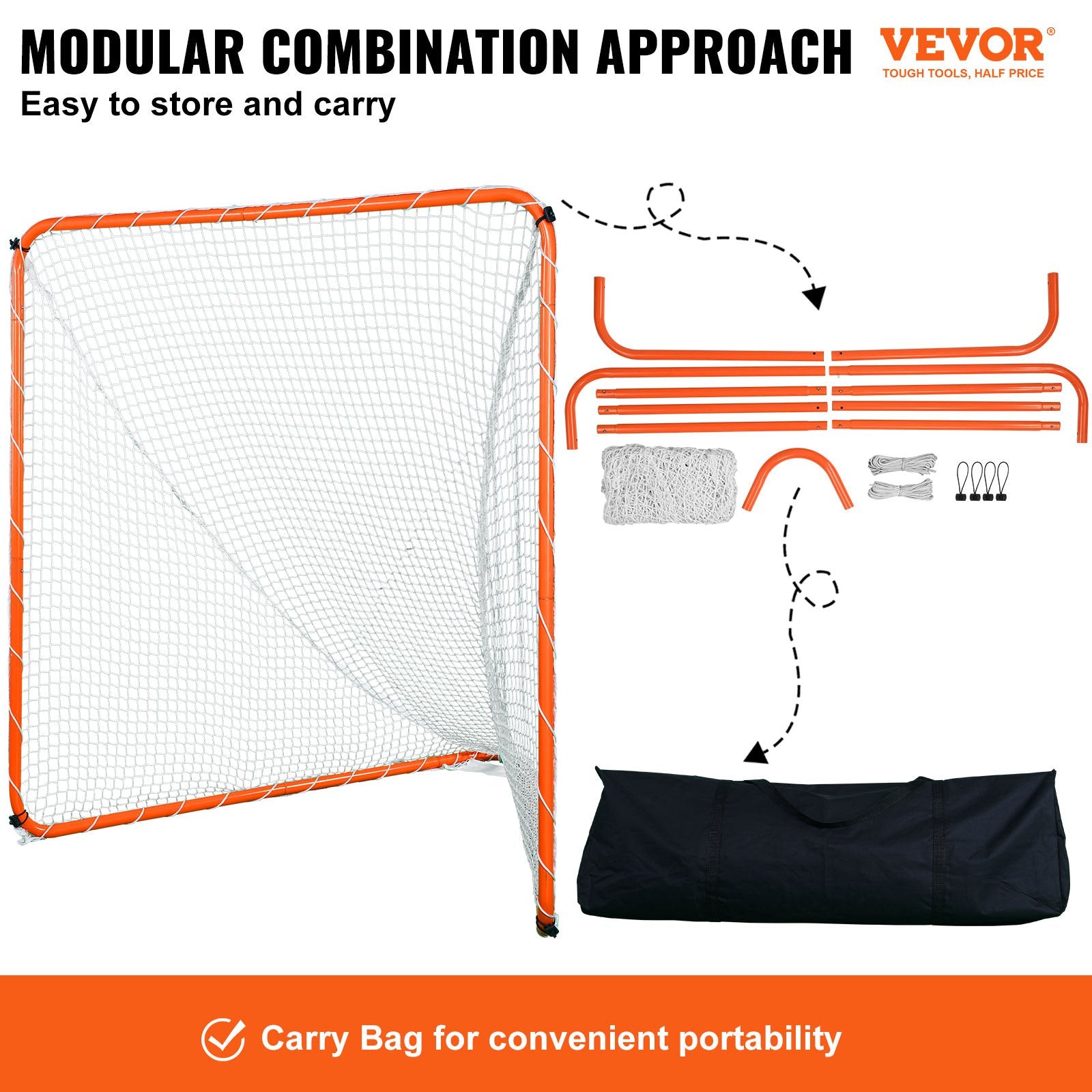 VEVOR Lacrosse Goal, 6' x 6' Lacrosse Net, Steel Frame Backyard Lacrosse Training Equipment, Portable Lacrosse Goal with Carry Bag, Quick & Easy Setup, Perfect for Youth Adult Training, Orange 