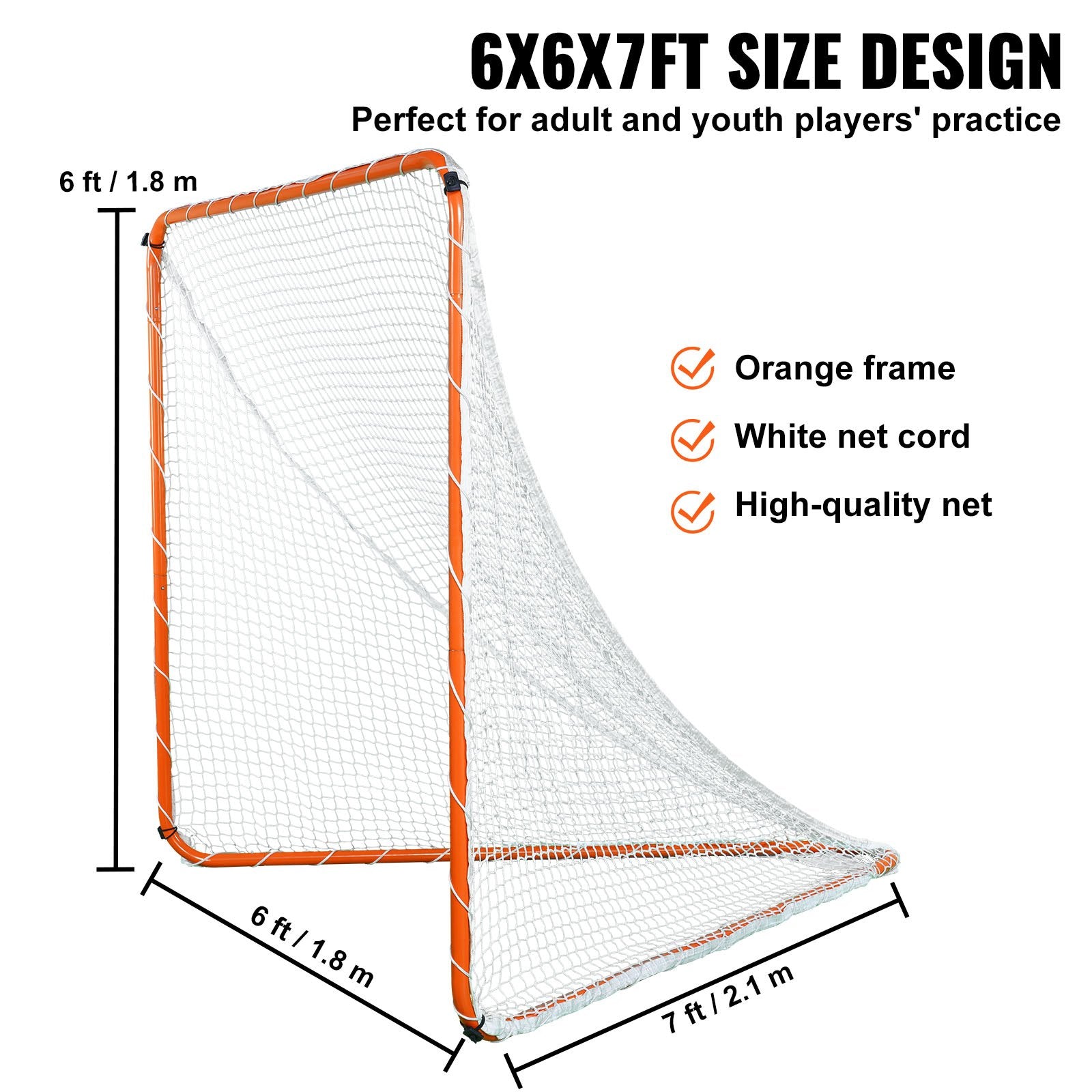 VEVOR Lacrosse Goal, 6' x 6' Lacrosse Net, Steel Frame Backyard Lacrosse Training Equipment, Portable Lacrosse Goal with Carry Bag, Quick & Easy Setup, Perfect for Youth Adult Training, Orange 