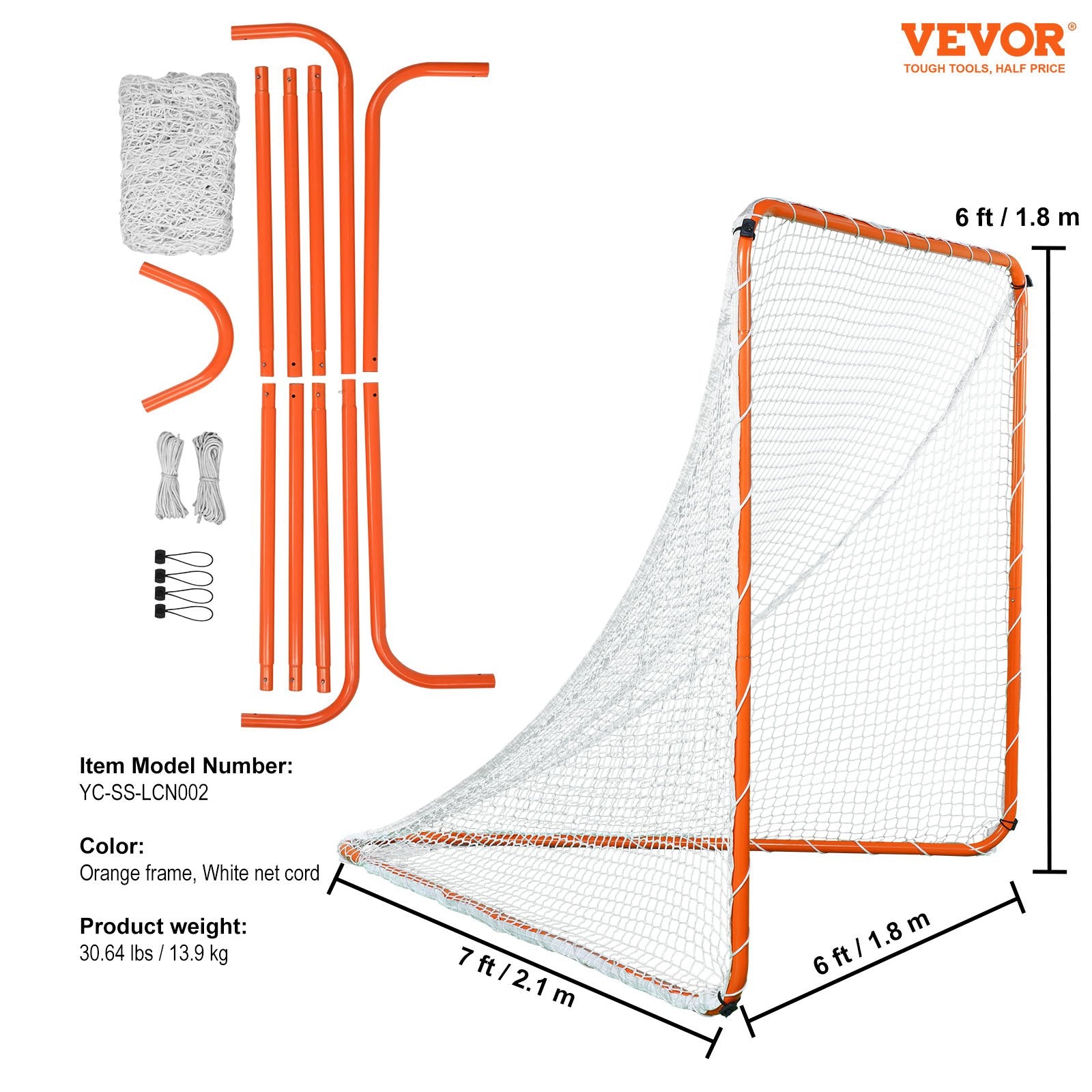 VEVOR Lacrosse Goal, 6' x 6' Lacrosse Net, Steel Frame Backyard Lacrosse Training Equipment, Portable Lacrosse Goal with Carry Bag, Quick & Easy Setup, Perfect for Youth Adult Training, Orange 