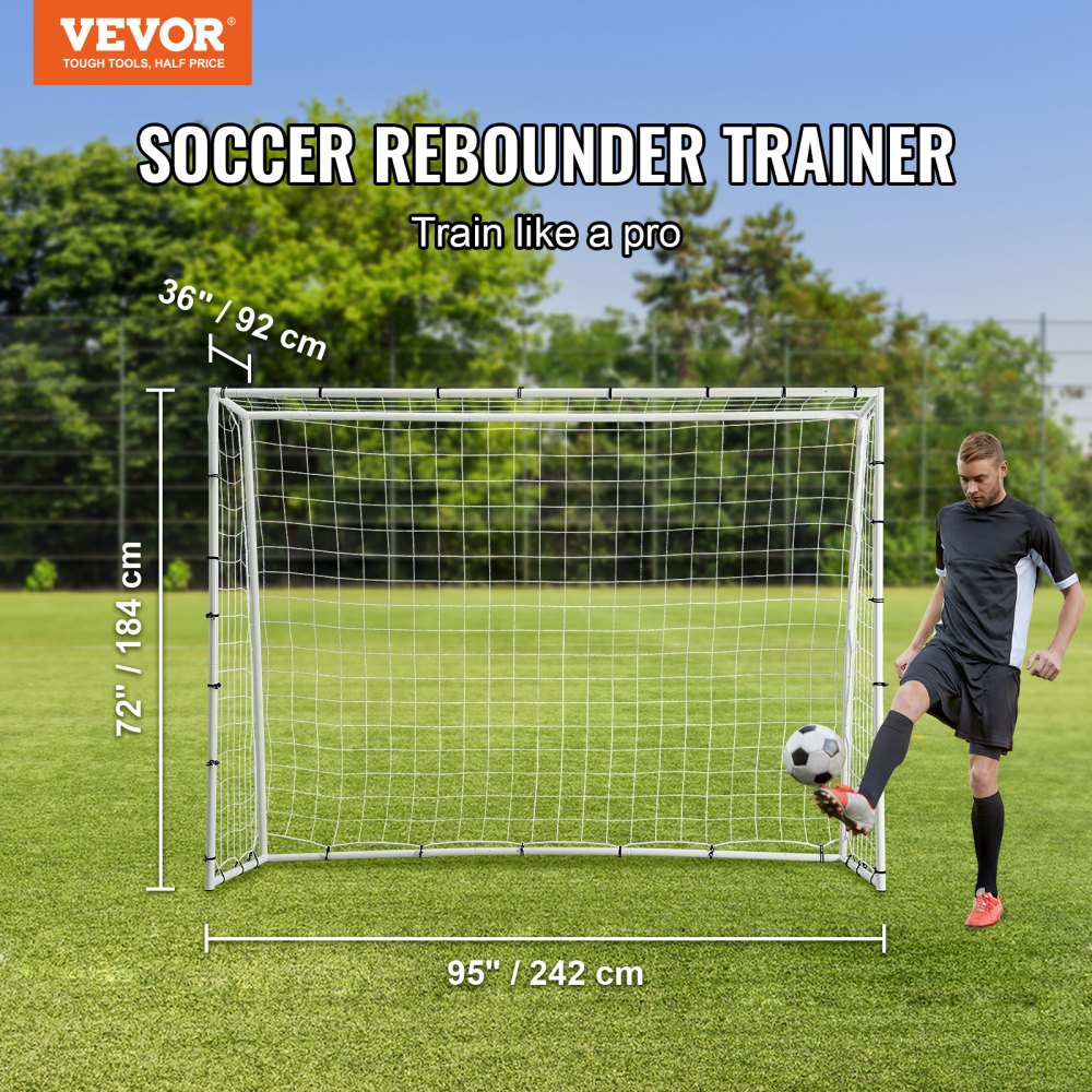 VEVOR Soccer Rebound Trainer, 8x6FT Iron Soccer Training Equipment, Sports Football Rebounder Wall with Double-Sided Rebounding Net & Goal, Perfect for Backyard Practicing, Solo Training, Passing 