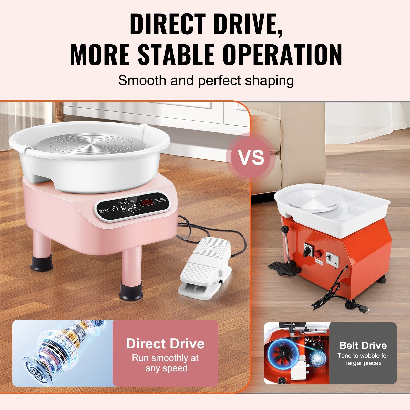 VEVOR Pottery Wheel, 10 inch Pottery Forming Machine, 350W Electric Wheel for Pottery with Foot Pedal and LCD Touch Screen, Direct Drive Ceramic Wheel with 3 Support Legs for DIY Art Craft, Pink 