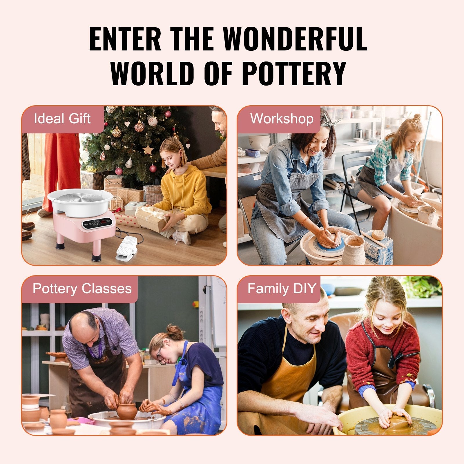 VEVOR Pottery Wheel, 10 inch Pottery Forming Machine, 350W Electric Wheel for Pottery with Foot Pedal and LCD Touch Screen, Direct Drive Ceramic Wheel with 3 Support Legs for DIY Art Craft, Pink 