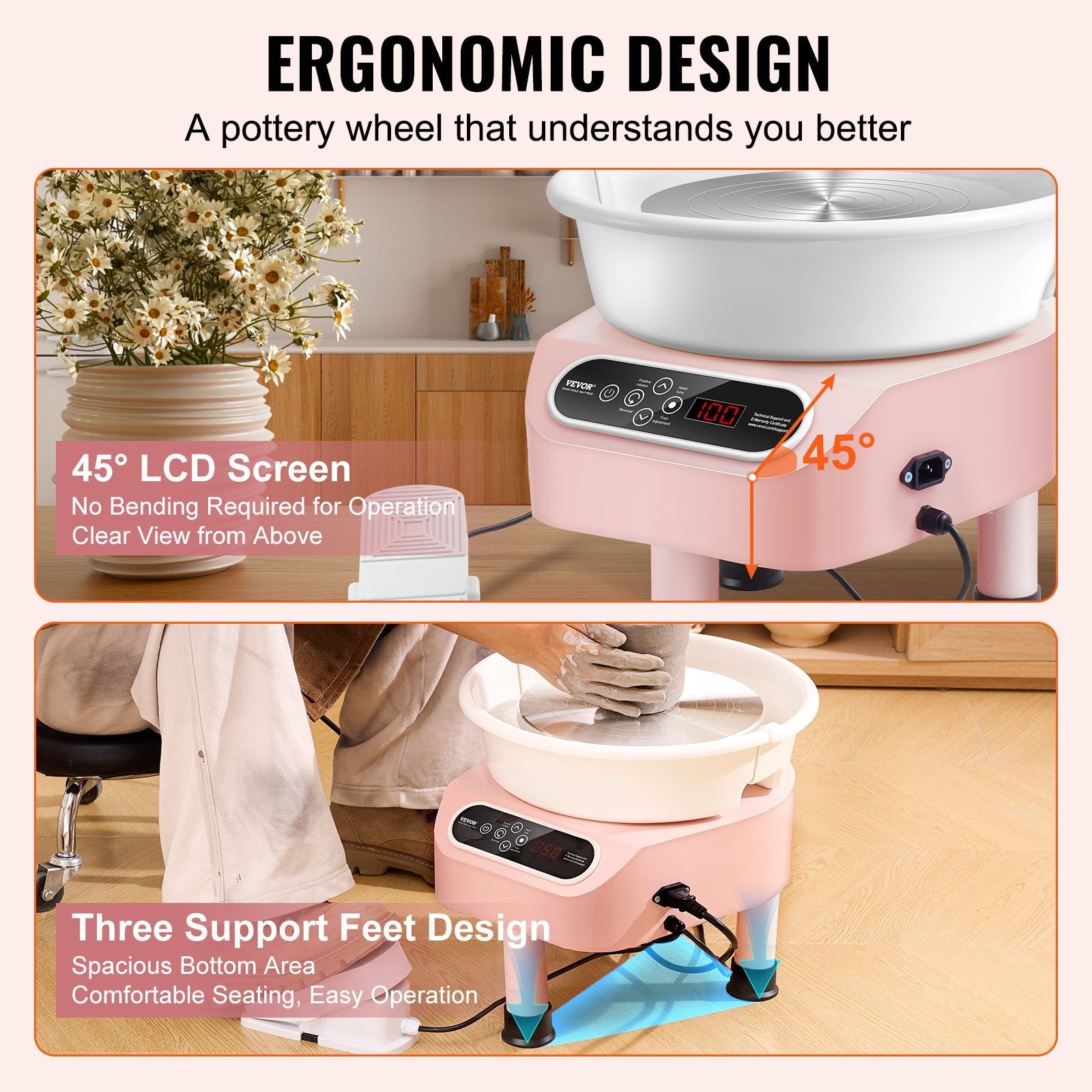 VEVOR Pottery Wheel, 10 inch Pottery Forming Machine, 350W Electric Wheel for Pottery with Foot Pedal and LCD Touch Screen, Direct Drive Ceramic Wheel with 3 Support Legs for DIY Art Craft, Pink 