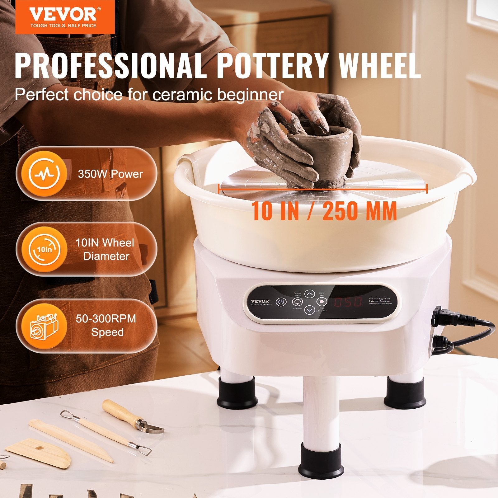 VEVOR Pottery Wheel, 10 inch Pottery Forming Machine, 350W Electric Wheel for Pottery with Foot Pedal and LCD Touch Screen, Direct Drive Ceramic Wheel with 3 Support Legs for DIY Art Craft, White 