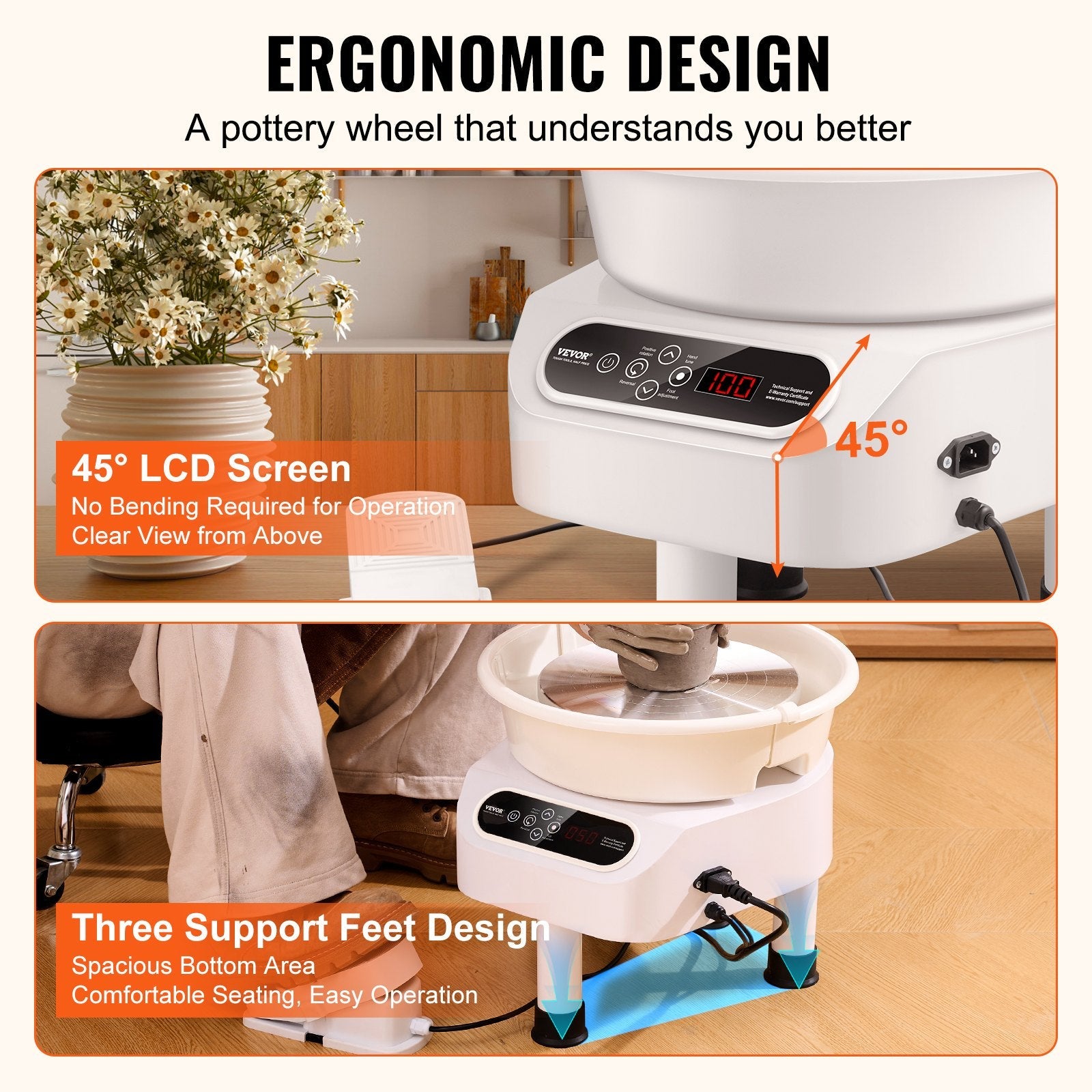 VEVOR Pottery Wheel, 10 inch Pottery Forming Machine, 350W Electric Wheel for Pottery with Foot Pedal and LCD Touch Screen, Direct Drive Ceramic Wheel with 3 Support Legs for DIY Art Craft, White 
