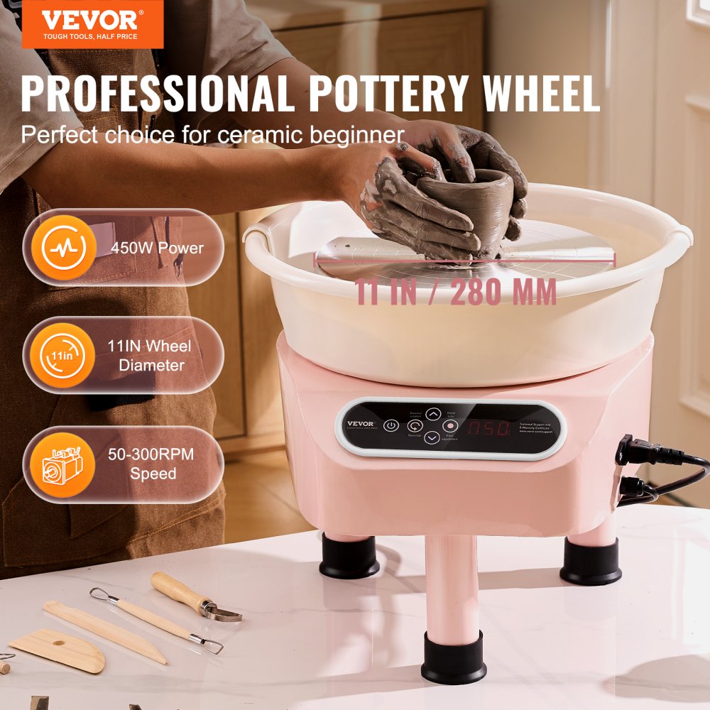 VEVOR Pottery Wheel, 11 inch Pottery Forming Machine, 450W Electric Wheel for Pottery with Foot Pedal and LCD Touch Screen, Direct Drive Ceramic Wheel with 3 Support Legs for DIY Art Craft, Pink 