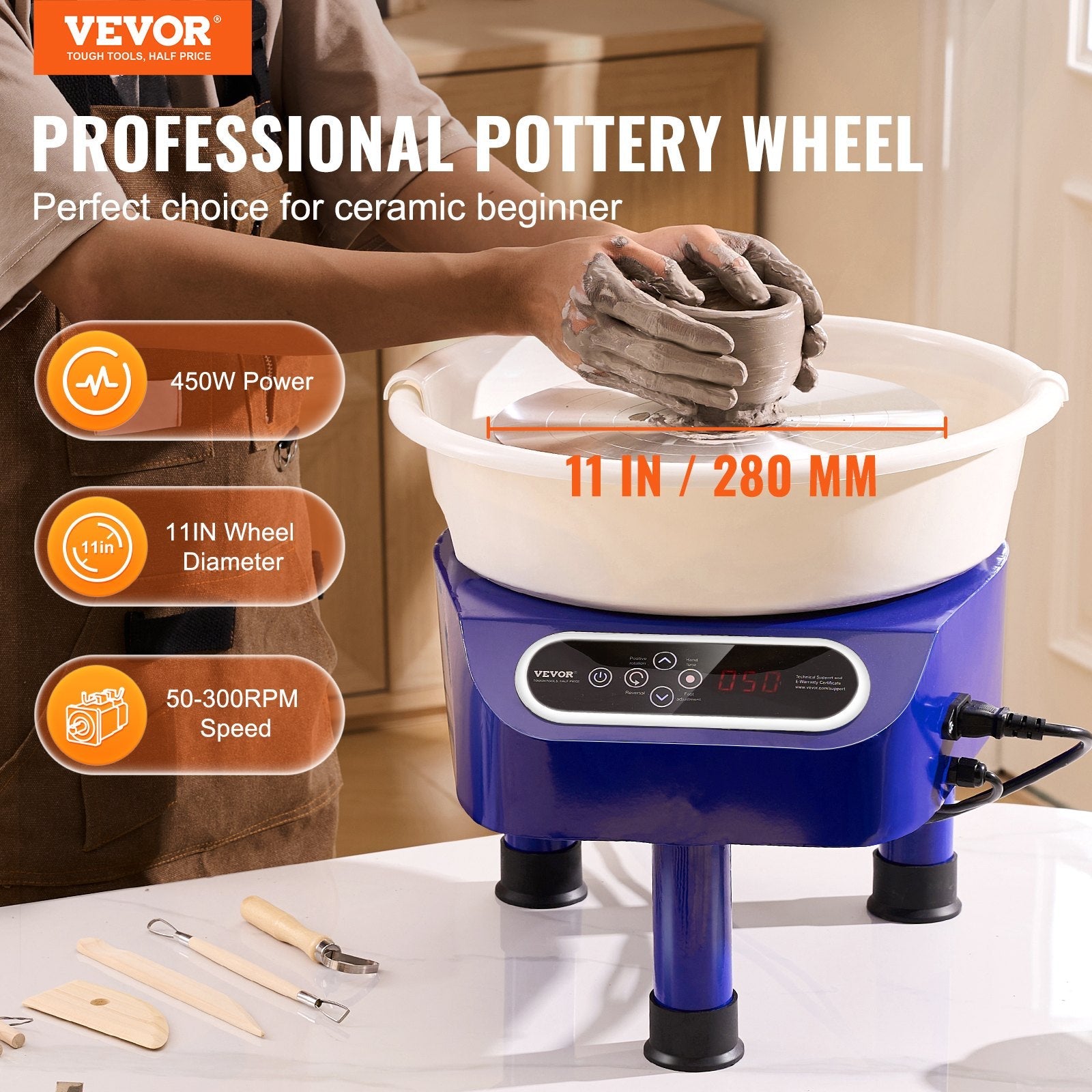 VEVOR Pottery Wheel, 11 inch Pottery Forming Machine, 450W Electric Wheel for Pottery with Foot Pedal and LCD Touch Screen, Direct Drive Ceramic Wheel with 3 Support Legs for DIY Art Craft, Blue 