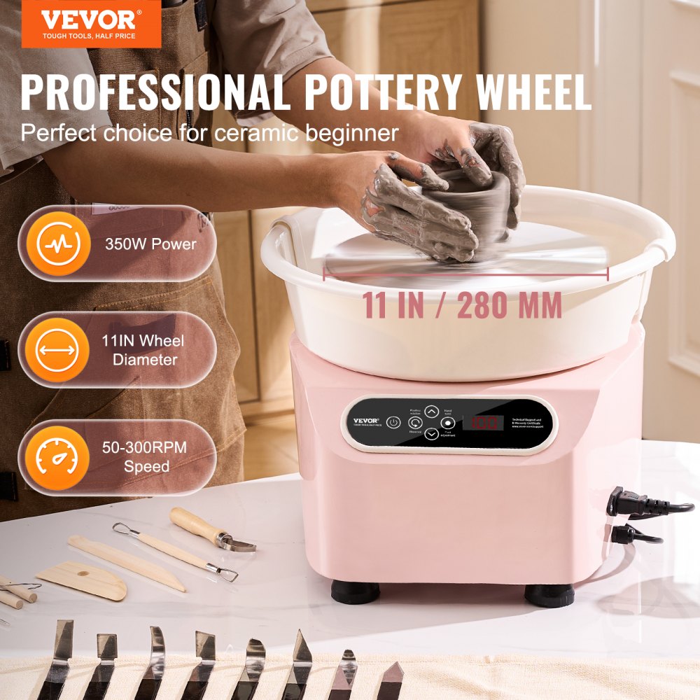 VEVOR Pottery Wheel, 11 inch Pottery Forming Machine, 350W Electric Wheel for Pottery with Foot Pedal and LCD Touch Screen, Direct Drive Ceramic Wheel with Shaping Tools for DIY Art Craft, Pink 