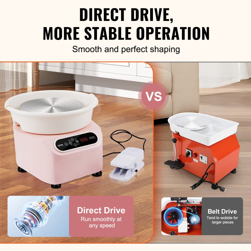 VEVOR Pottery Wheel, 11 inch Pottery Forming Machine, 350W Electric Wheel for Pottery with Foot Pedal and LCD Touch Screen, Direct Drive Ceramic Wheel with Shaping Tools for DIY Art Craft, Pink 
