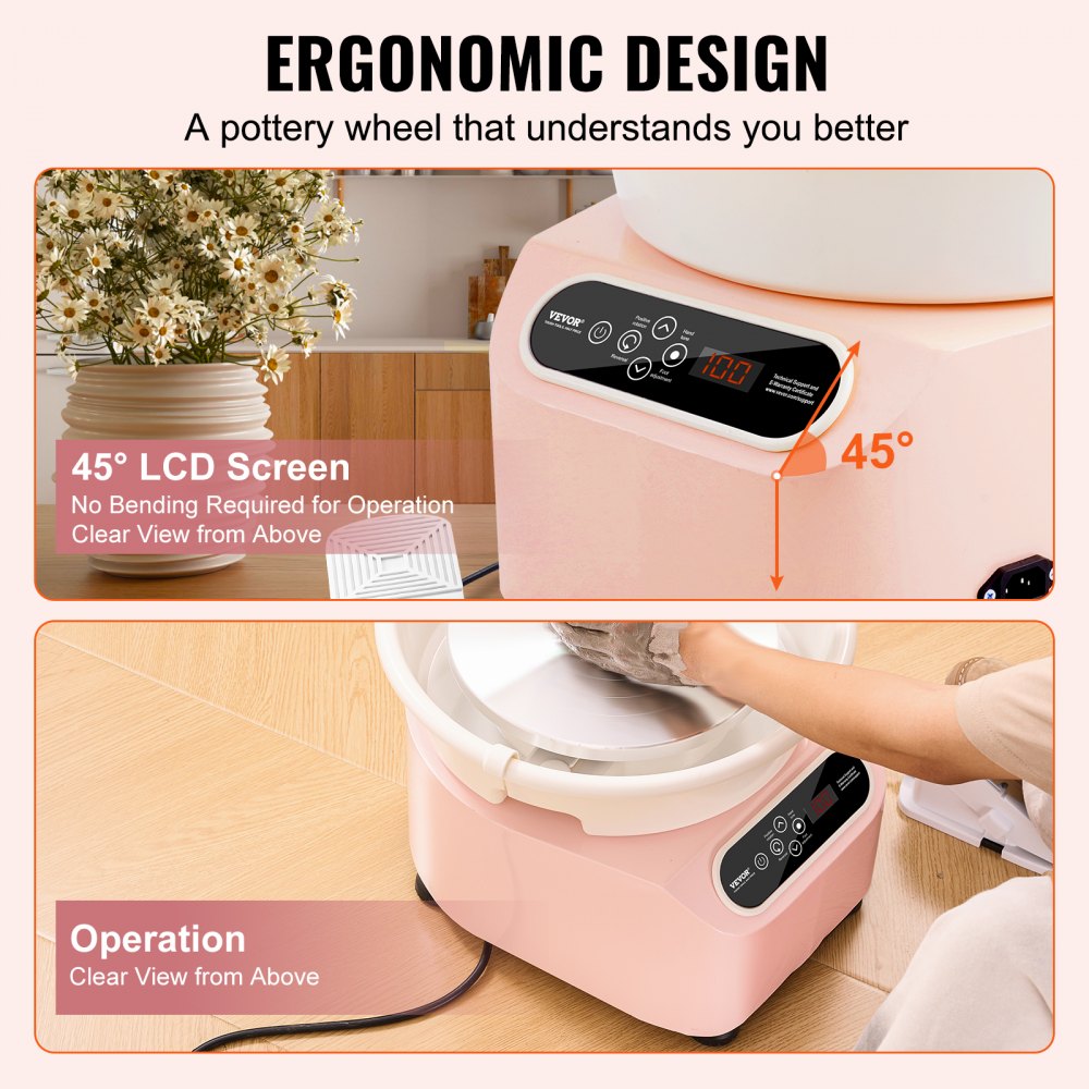 VEVOR Pottery Wheel, 11 inch Pottery Forming Machine, 350W Electric Wheel for Pottery with Foot Pedal and LCD Touch Screen, Direct Drive Ceramic Wheel with Shaping Tools for DIY Art Craft, Pink 
