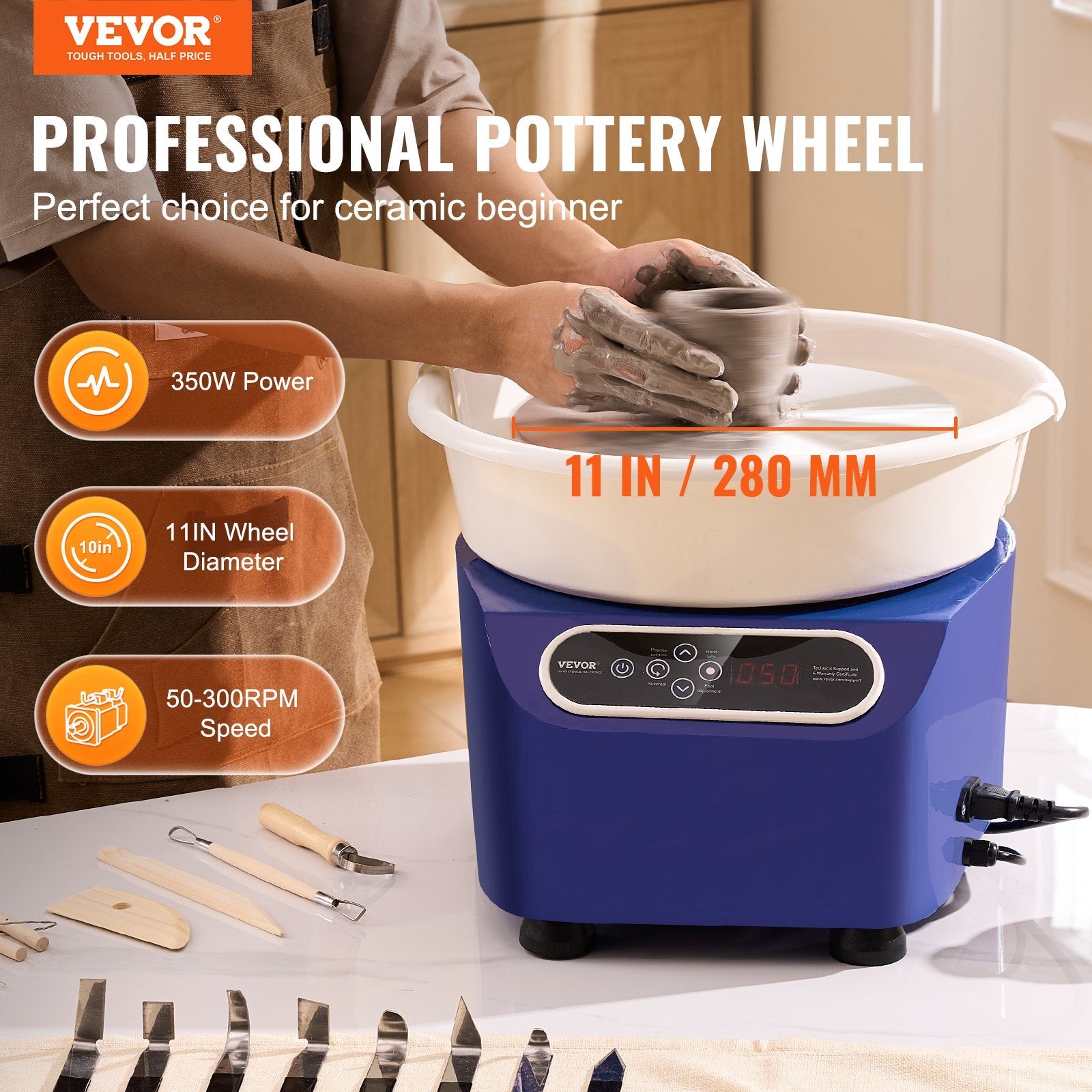 VEVOR Pottery Wheel, 11 inch Pottery Forming Machine, 350W Electric Wheel for Pottery with Foot Pedal and LCD Touch Screen, Direct Drive Ceramic Wheel with Shaping Tools for DIY Art Craft, Blue 