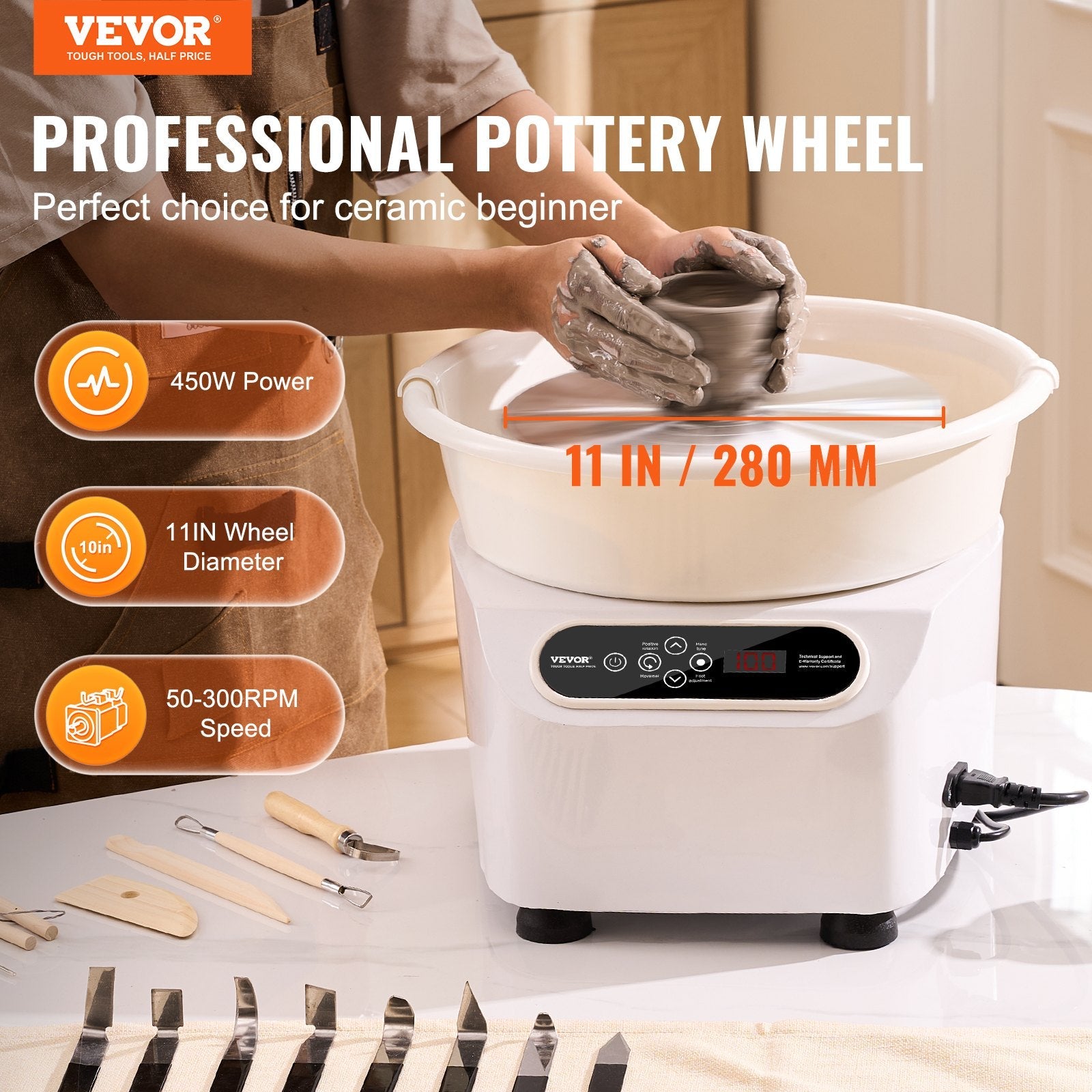 VEVOR Pottery Wheel, 11 inch Pottery Forming Machine, 450W Electric Wheel for Pottery with Foot Pedal and LCD Touch Screen, Direct Drive Ceramic Wheel with Shaping Tools for DIY Art Craft, White 