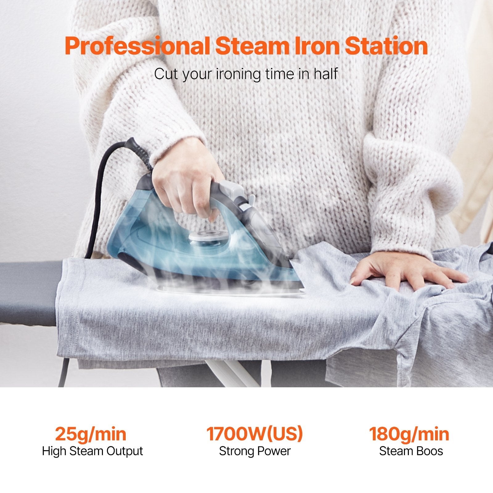 VEVOR Steam Iron 1700W Iron for Clothes Auto Shut-Off Self-Cleaning for Ironing 