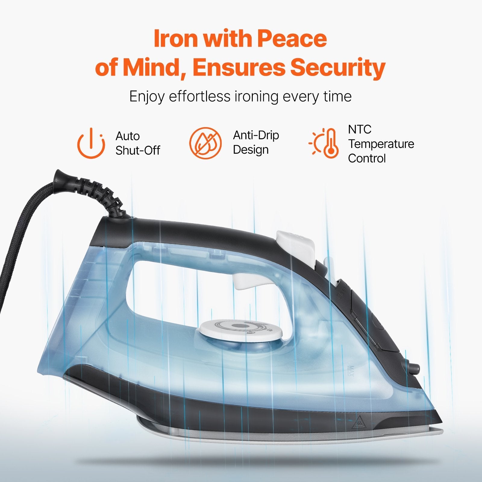 VEVOR Steam Iron 1700W Iron for Clothes Auto Shut-Off Self-Cleaning for Ironing 