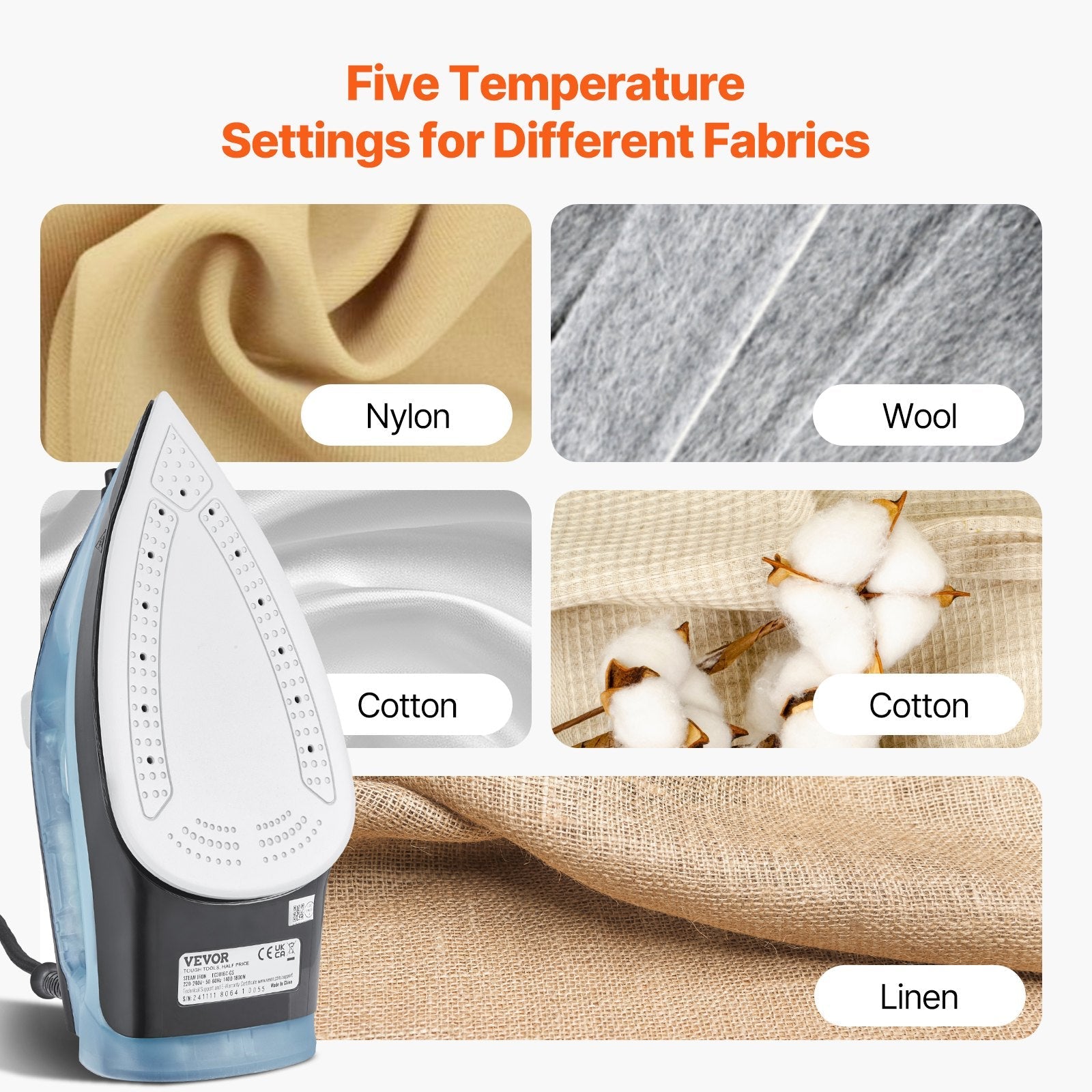 VEVOR Steam Iron 1700W Iron for Clothes Auto Shut-Off Self-Cleaning for Ironing 