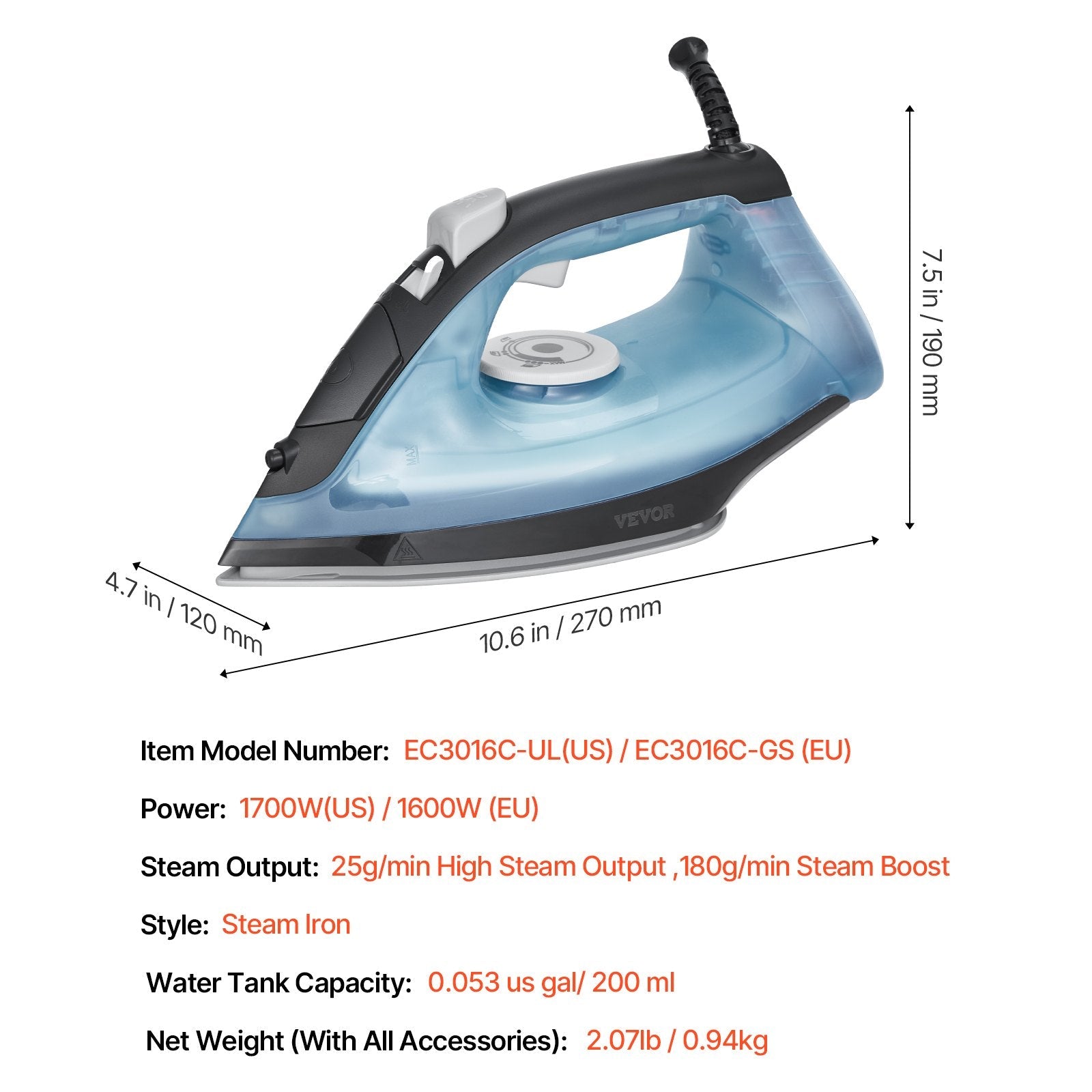 VEVOR Steam Iron 1700W Iron for Clothes Auto Shut-Off Self-Cleaning for Ironing 