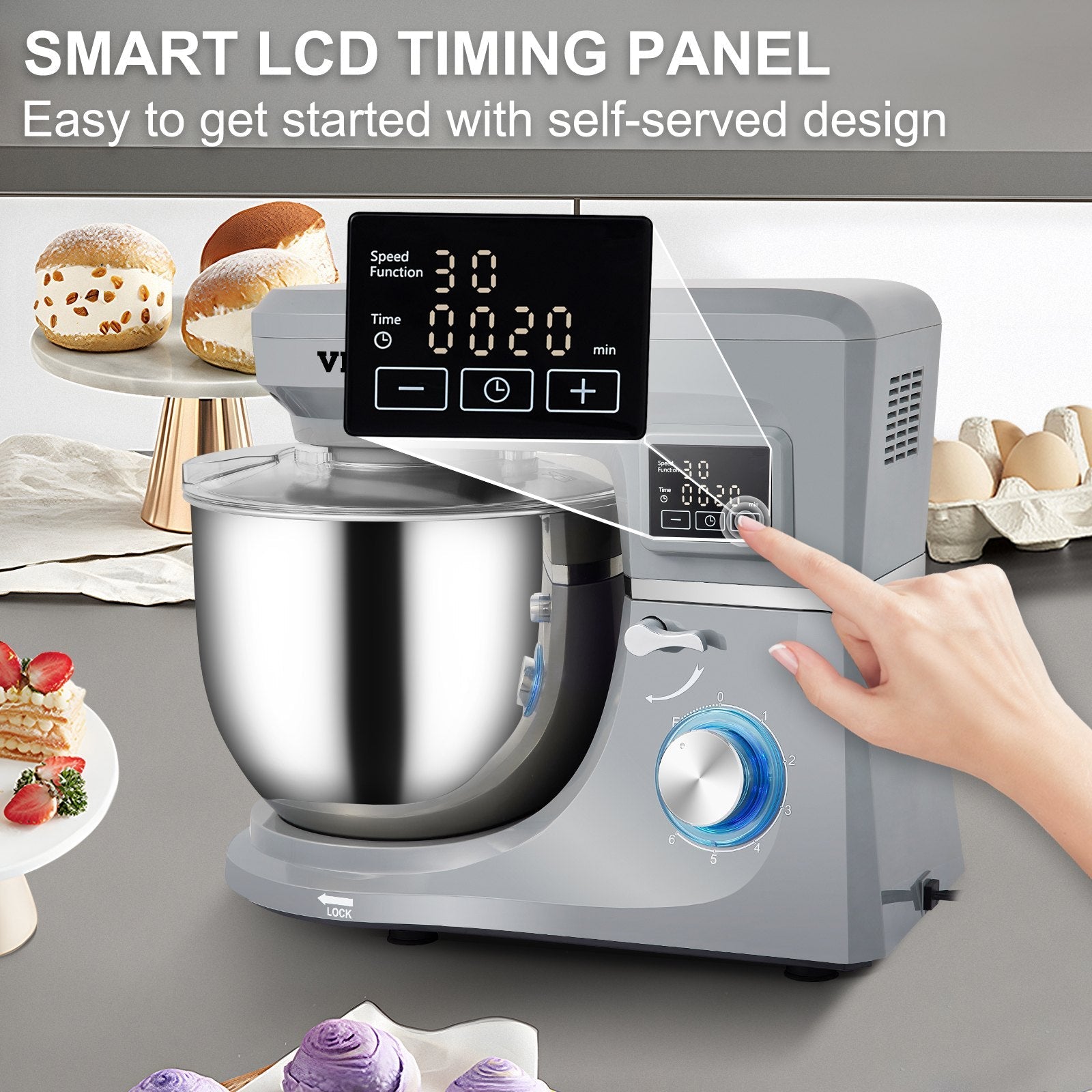 VEVOR Stand Mixer, 660W Electric Dough Mixer with 6 Speeds LCD Screen Timing, Tilt-Head Food Mixer with 7.4 Qt Stainless Steel Bowl, Dough Hook, Flat Beater, Whisk, Scraper, Splash-Proof Cover - Gray 