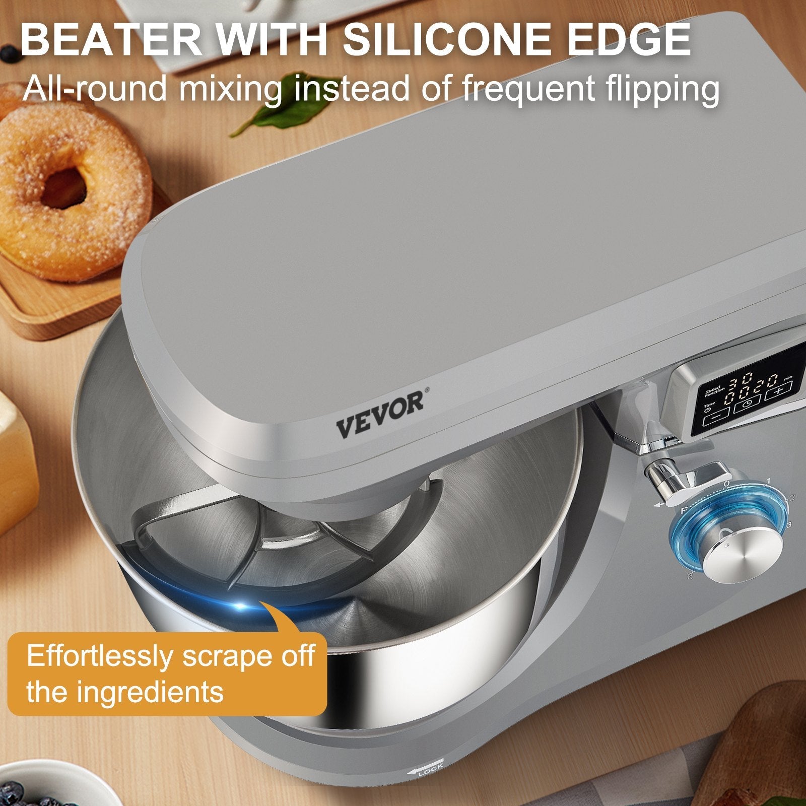 VEVOR Stand Mixer, 660W Electric Dough Mixer with 6 Speeds LCD Screen Timing, Tilt-Head Food Mixer with 7.4 Qt Stainless Steel Bowl, Dough Hook, Flat Beater, Whisk, Scraper, Splash-Proof Cover - Gray 