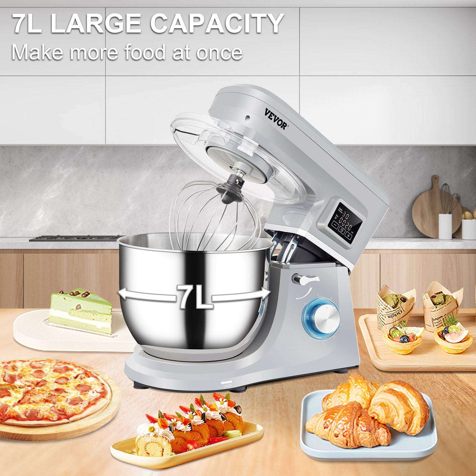 VEVOR Stand Mixer, 660W Electric Dough Mixer with 6 Speeds LCD Screen Timing, Tilt-Head Food Mixer with 7.4 Qt Stainless Steel Bowl, Dough Hook, Flat Beater, Whisk, Scraper, Splash-Proof Cover - Gray 