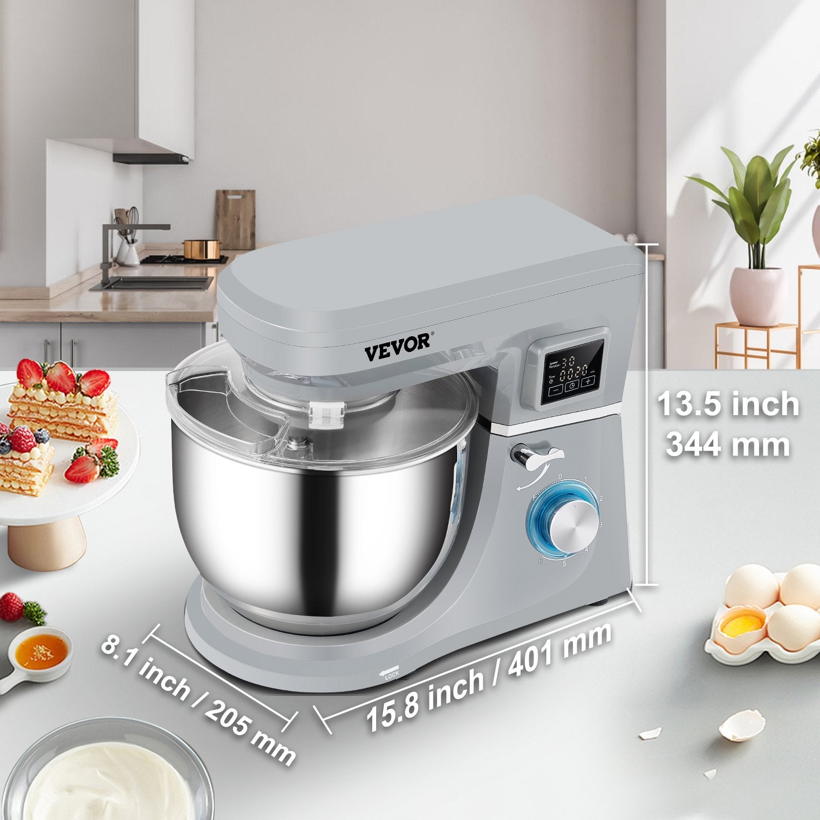 VEVOR Stand Mixer, 660W Electric Dough Mixer with 6 Speeds LCD Screen Timing, Tilt-Head Food Mixer with 7.4 Qt Stainless Steel Bowl, Dough Hook, Flat Beater, Whisk, Scraper, Splash-Proof Cover - Gray 