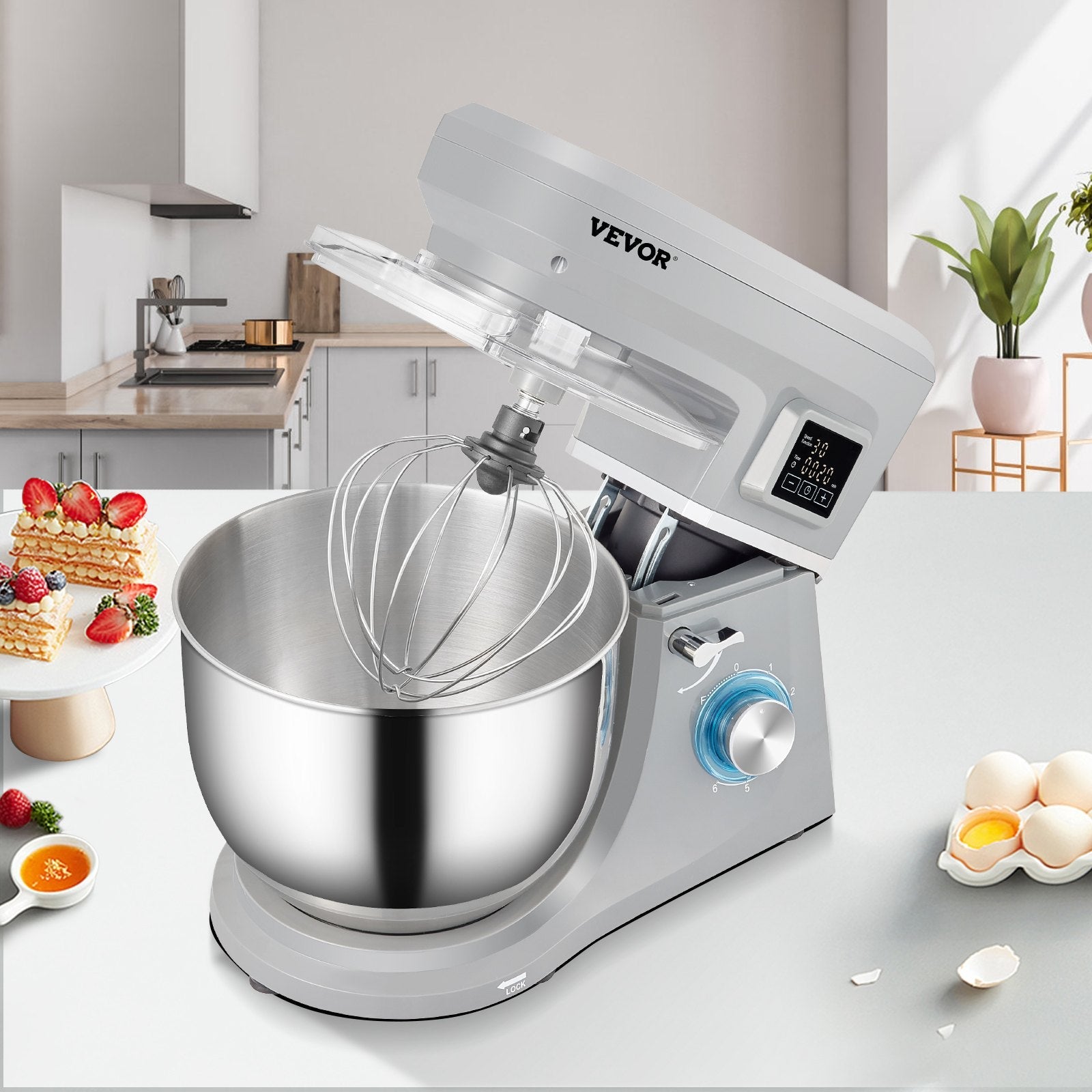 VEVOR Stand Mixer, 660W Electric Dough Mixer with 6 Speeds LCD Screen Timing, Tilt-Head Food Mixer with 7.4 Qt Stainless Steel Bowl, Dough Hook, Flat Beater, Whisk, Scraper, Splash-Proof Cover - Gray 