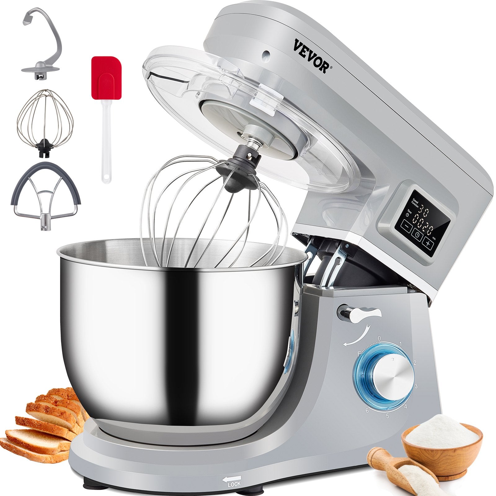 VEVOR Stand Mixer, 660W Electric Dough Mixer with 6 Speeds LCD Screen Timing, Tilt-Head Food Mixer with 7.4 Qt Stainless Steel Bowl, Dough Hook, Flat Beater, Whisk, Scraper, Splash-Proof Cover - Gray 
